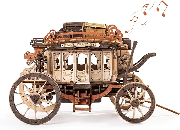 ROBOTIME Stagecoach Wooden Music Box Puzzle AMKA1, Valentines Day Gift 3D Wooden Puzzles for Adults, Mechanical 3D Model to Build, Birthday Anniversary Day Gift Hobby STEM Kits