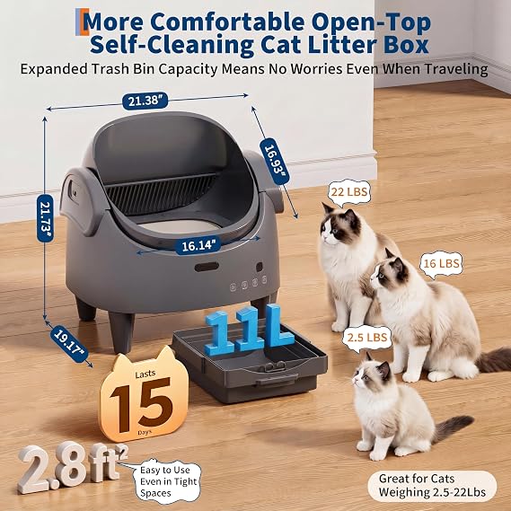 Automatic Cat Litter Box, Top-Open Self Cleaning Cat Litter Box with 15-Layer Safety Protection, Smart App Control, Large Capacity & Odor Control, Multi-Cat Friendly Electric Litter Box
