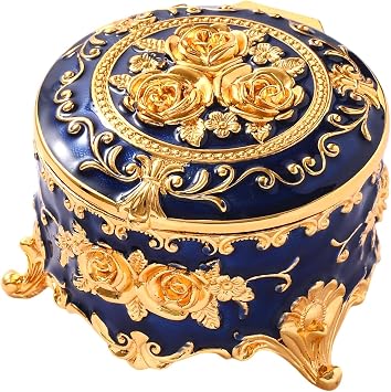 Vintage Jewelry Box, Gold Round Treasure Ring Box, Metal Trinket Organizer Keepsake Box Gift for Girl Women, Deep Blue