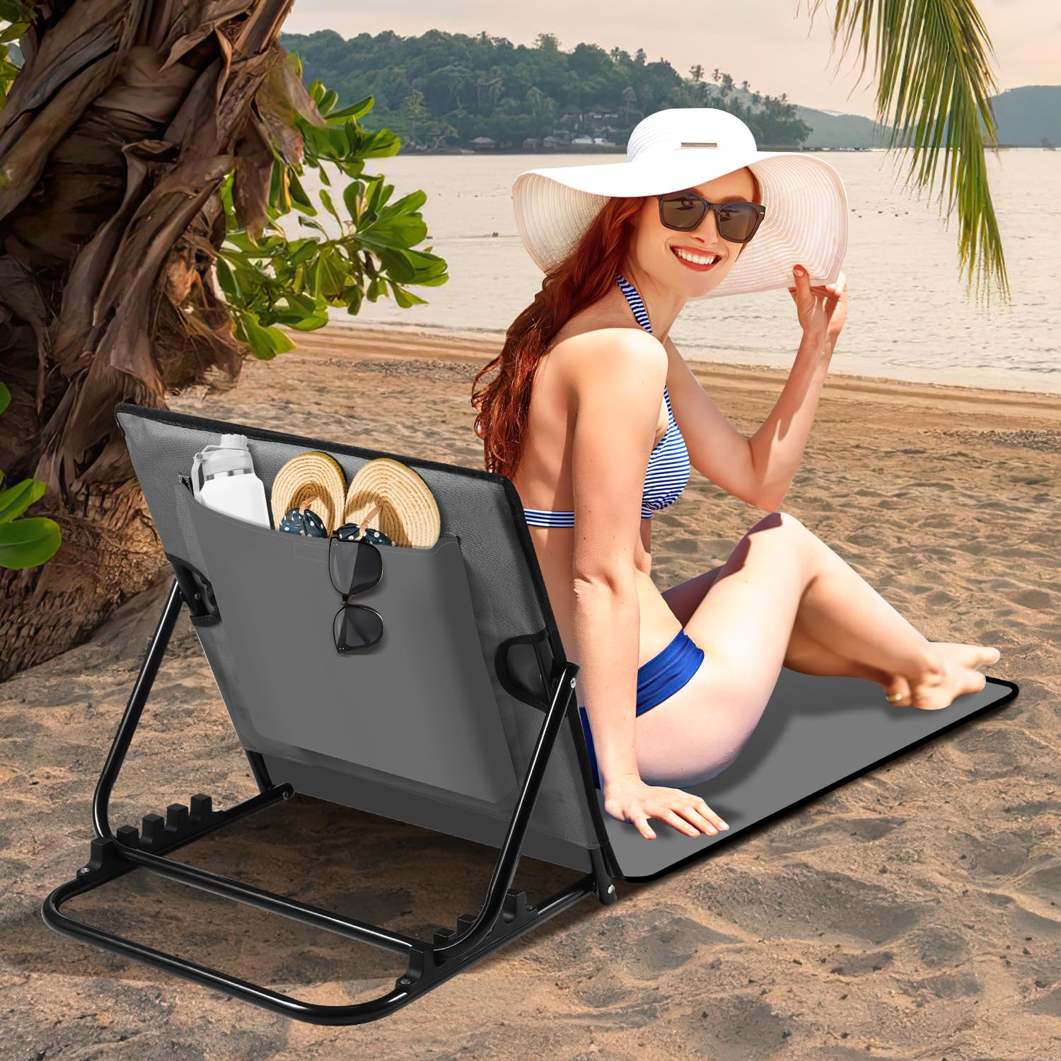 Lot de 2 tapis de plage pliables de 158 cm, dossier réglable sur 5 niveaux, avec oreiller et compartiment de rangement, portable, chaise longue pliable pour camping, gris