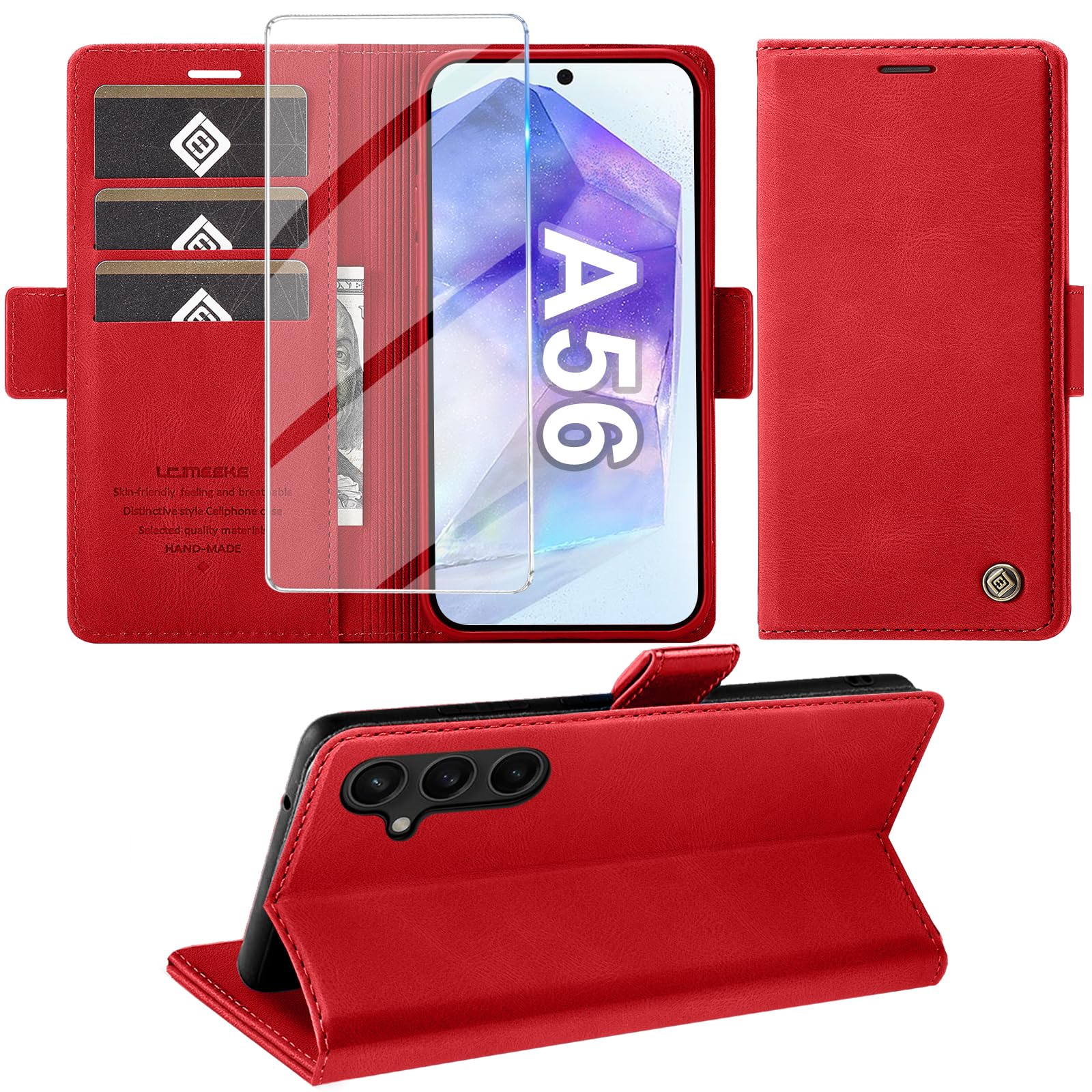Giyer Cover per Samsung Galaxy A56 5G Custodia con Vetro Temperato, Premium Pelle PU Portafoglio Slot per Scheda RFID Antifurto Funzione Supporto Flip Case, Antiurto per Samsung A56 5G Cover (Rosso)