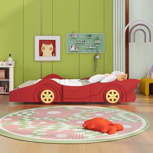 Miniatura 80 de P PURLOVE Cama de plataforma en forma de auto de carreras de tamaño individual con ruedas y listones, marco de cama de madera para niños, niñas,