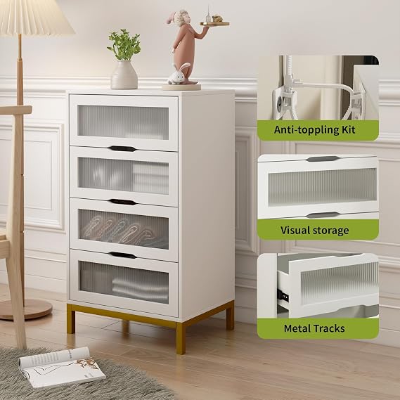 Buffet Storage Cabinet with 4 Drawers, Wood Sideboard Organizer with Transparent Acrylic Door, Kitchen Coffee Cupboard for Dining Room, Hallway, White