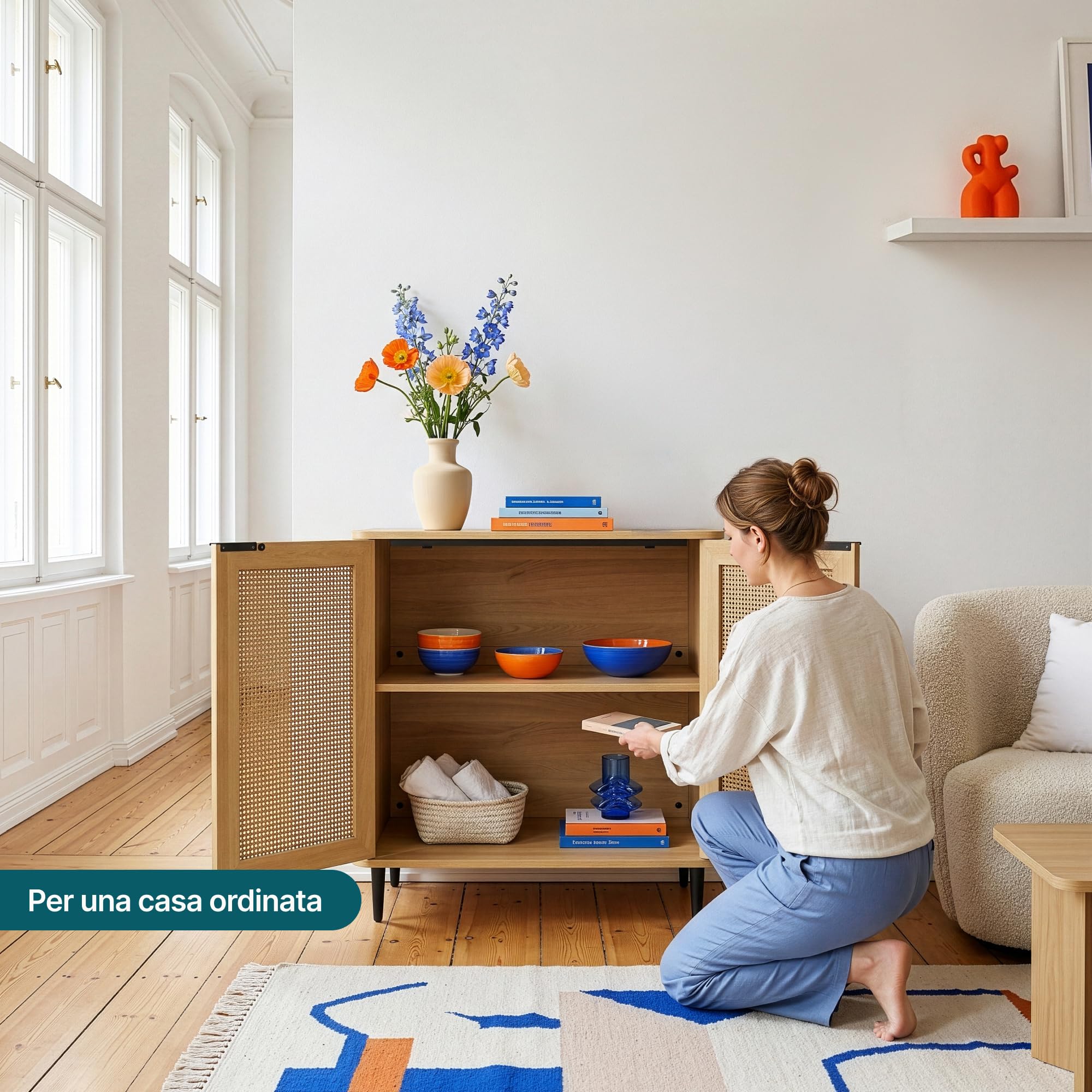 [en.casa] Credenza Bassa Ante con Inserto Intreccio Effetto Rattan Armadio Basso Madia Moderna per Soggiorno Ingresso Sala da Pranzo 83 x 80 x 40 cm Effetto Rovere