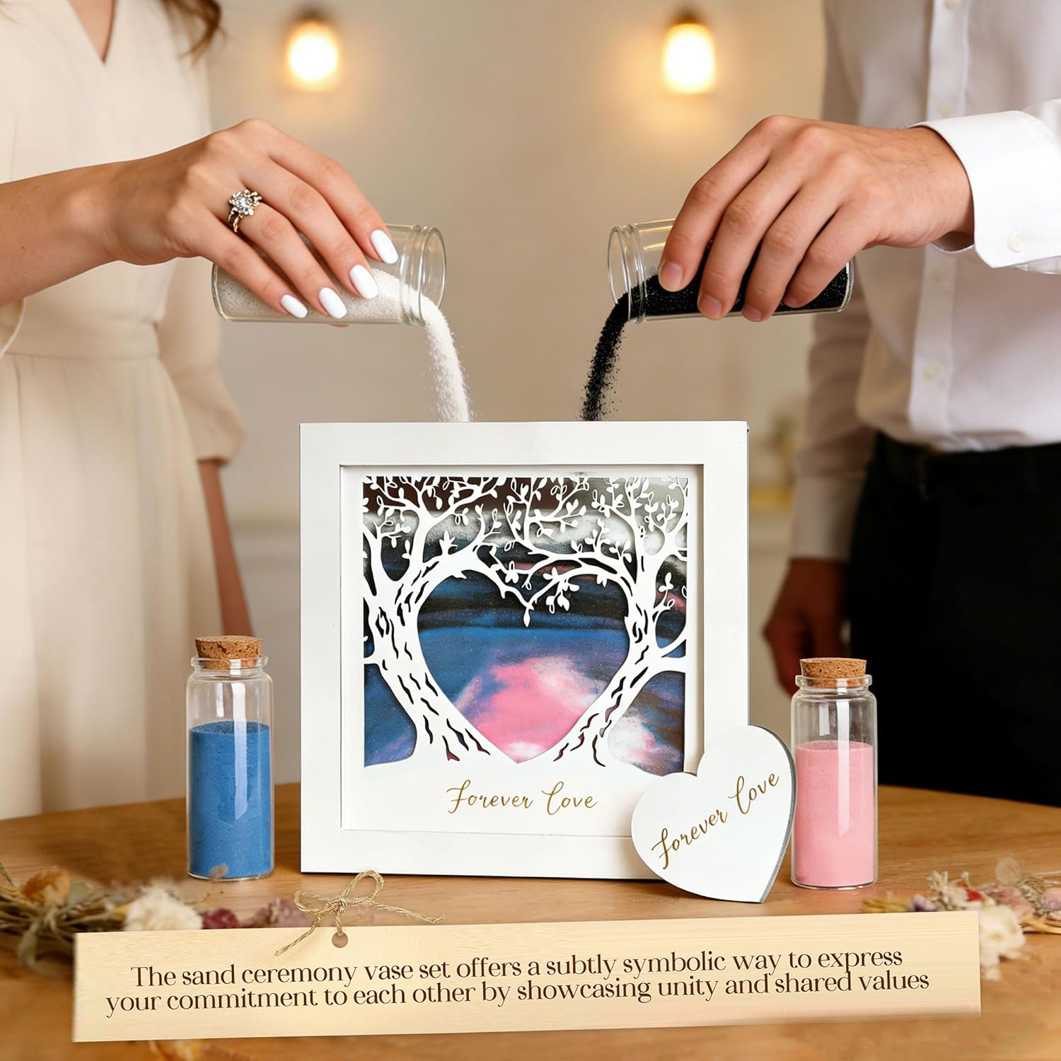 Unity Sand for Wedding Ceremony Set : Dainty Carved Wooden Box Wishing Glass Bottles with Cork Stopper and Wedding Sand Function Sets for Marriage Bridal Party Family Unity Ceremony Decorations