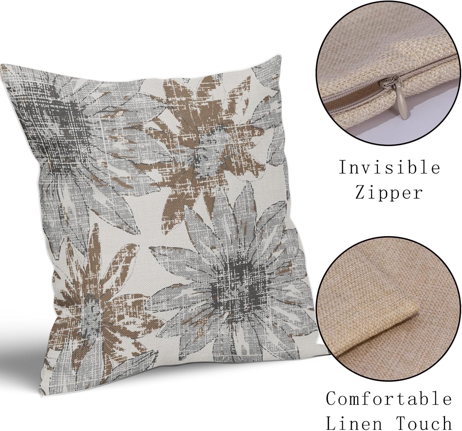 Sweetshow Brown Grey Gray Pillow Covers 24x24 Set of 2 Retro Sunflower Flowers Print Decorative Throw Pillows Outdoor Modern Art Floral Pillowcase Square Linen Cushion Case for Home Sofa Couch Bed