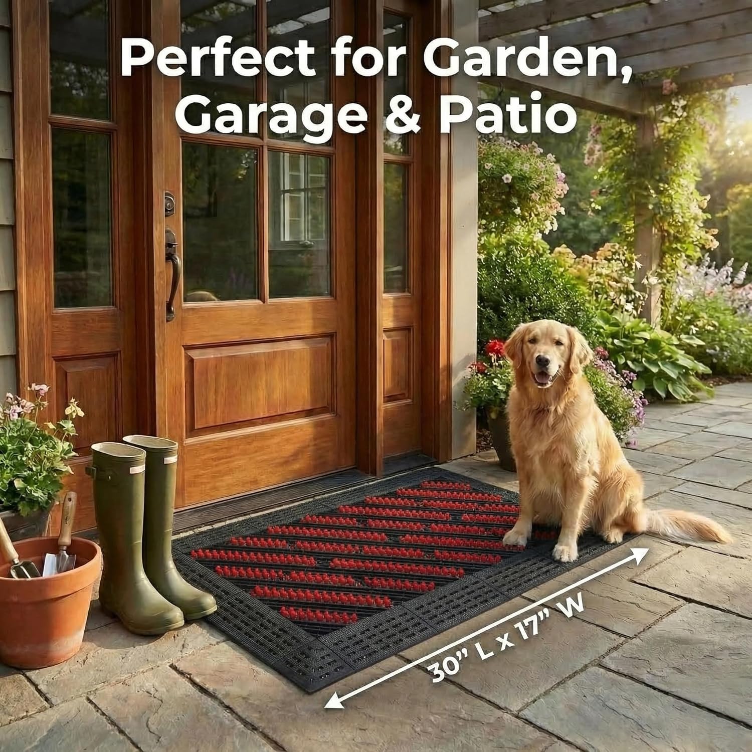 Heavy Duty Outdoor Boot Scraper Mat, 29.5" x 17.5" Mud & Snow Doormat with Stiff Nylon Bristles, Modular Interlocking Shoe Cleaner for Patio, Garage, Garden, High Traffic, 1.37" Thick
