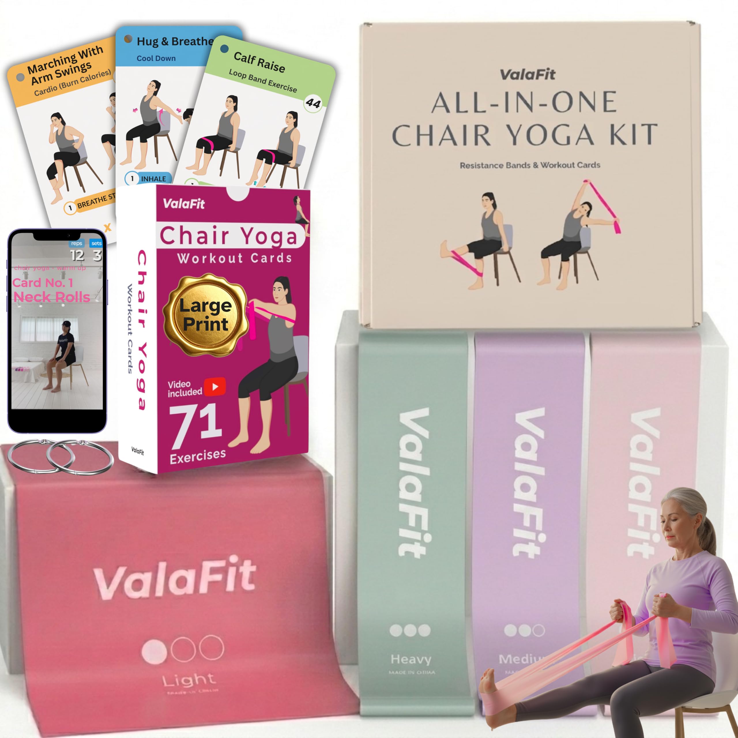 Complete Chair Yoga Kit for Seniors Over 60 - Yoga Chair with 4 Resistance Bands & 71 Pose Cards - Video Guides for Weight Loss & Strength - Elegant Gift-Ready Packaging-image-5