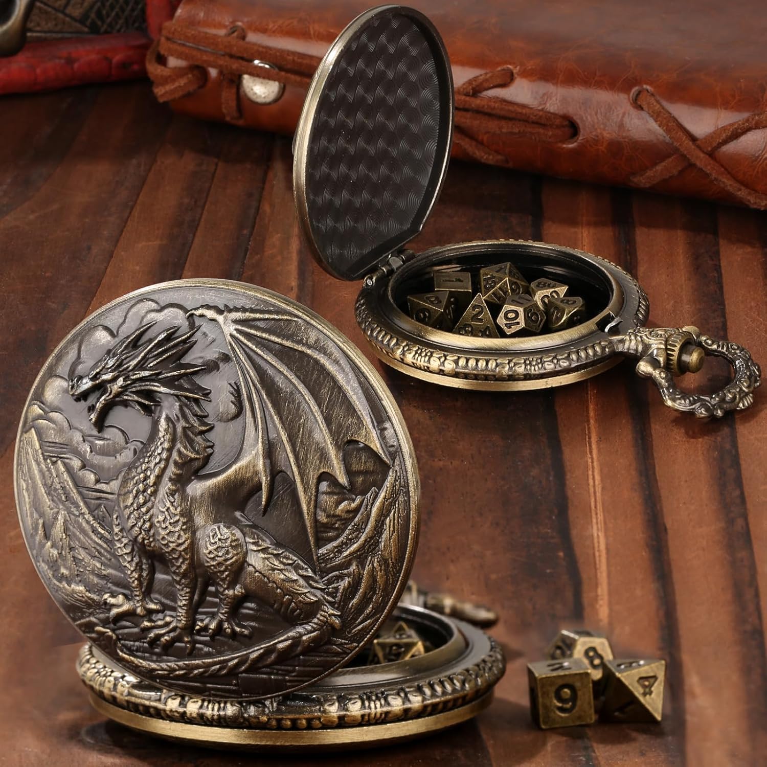 Mini DND Dice Set with Steampunk Dragon Pocket Watch Shell Case, 7pcs Polyhedral Metal DND Dice Set, DND Starter Set, D&D Gifts with Dragon Logo Gift Bag, Role Playing Board Games Accessories, Bronze