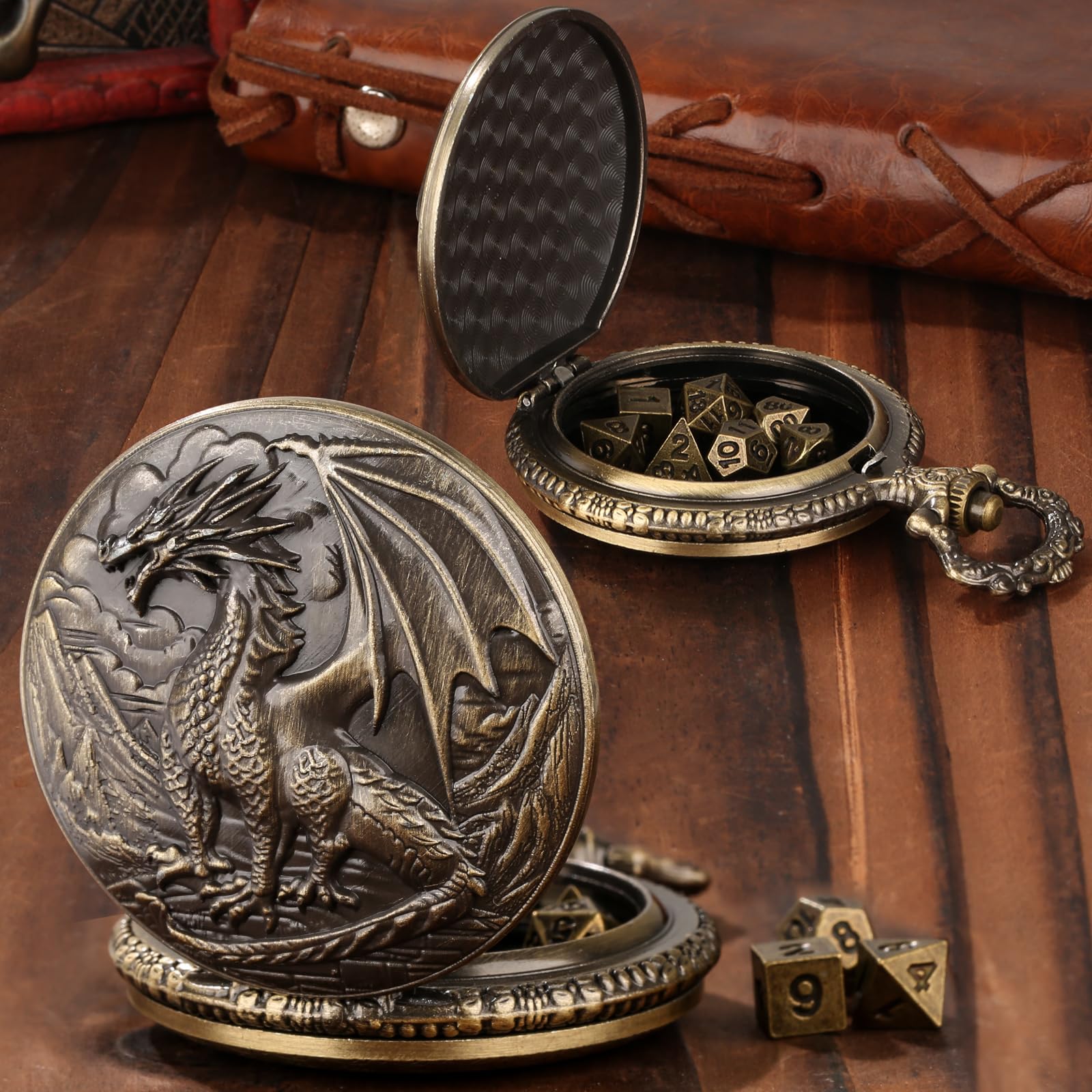 DND NURD Mini DND Dice Set including Steampunk Dragon Pocket Watch Shell Case, 7pcs Polyhedral Metal D&D Dice, Bronze - Image 3