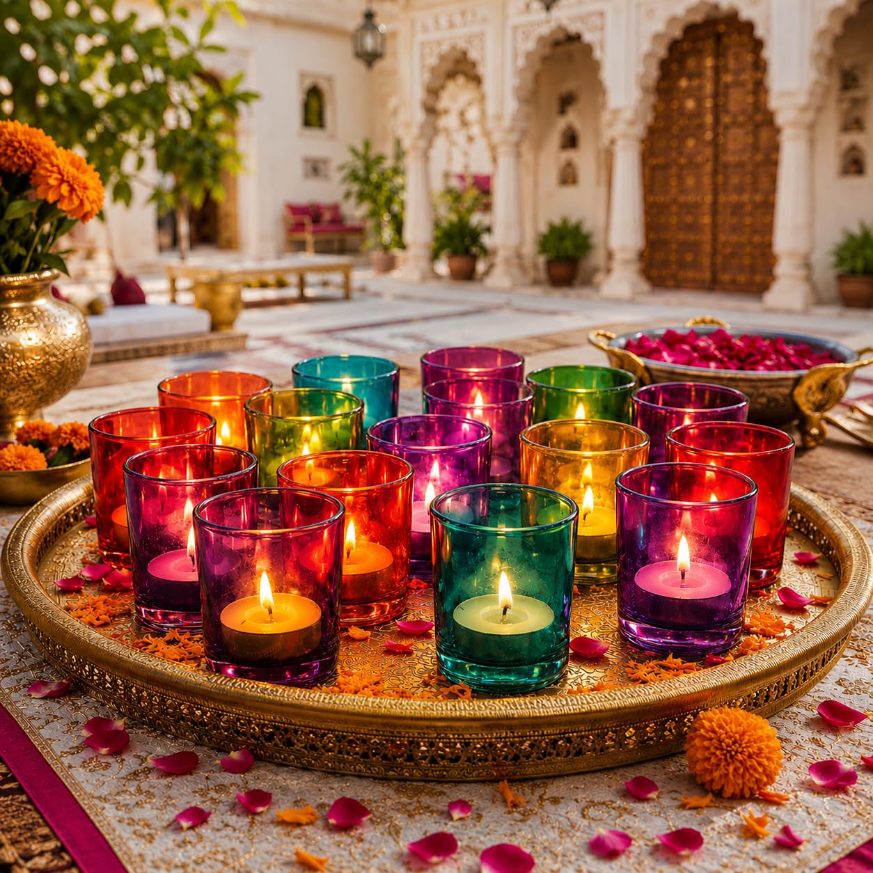 Pure Source India Pack of 16 Multicolour Glass Tealight Candle Holders for Home Décor, Diwali Decoration Items, Home Decorative Gift Items-image-7
