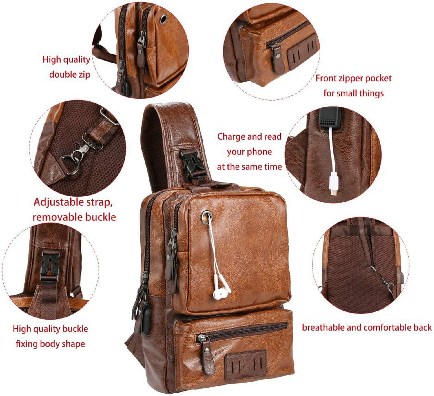Men's Lightweight PU Leather Sling Bag - Breathable Crossbody Pack with USB Charging Port & 6 Pockets, Easy Access Organizer for Tablet/Gym Essentials - Commute, Travel, Work(Brown) - Image 2