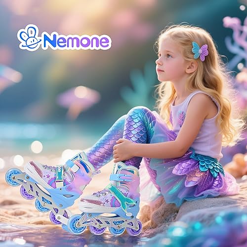 Miniatura 6 de NEMONE Patines en línea estilo sirena, patines ajustables en 4 tallas para niñas y niños con ruedas iluminadas, para principiantes, uso en
