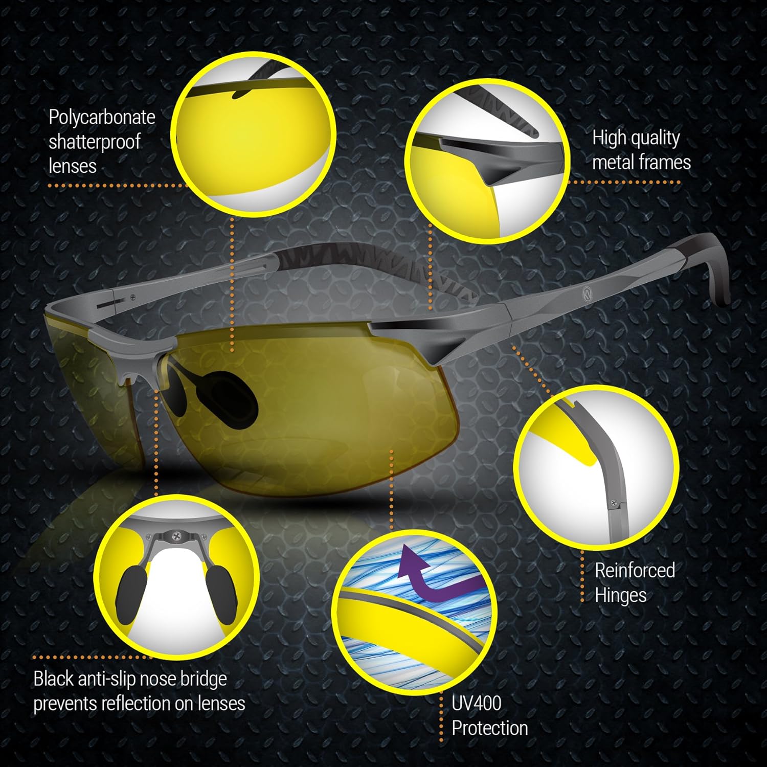 BLUPOND Night Driving Glasses For Men/Women - HD Yellow Vision for Maximum Clarity - Knight Visor (Titanium/Grey Case, Yellow Amber)