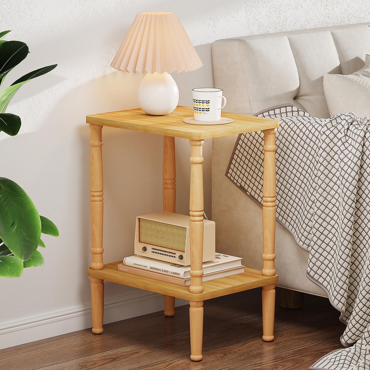 LUCKNOCK Small Side Table for Small Spaces, Vintage End Table, Narrow Couch Side Table with Storage, Skinny Nightstand Bedside Table for Bedroom, Living Room, Farmhouse, No-Tool Assembly. (Natural)