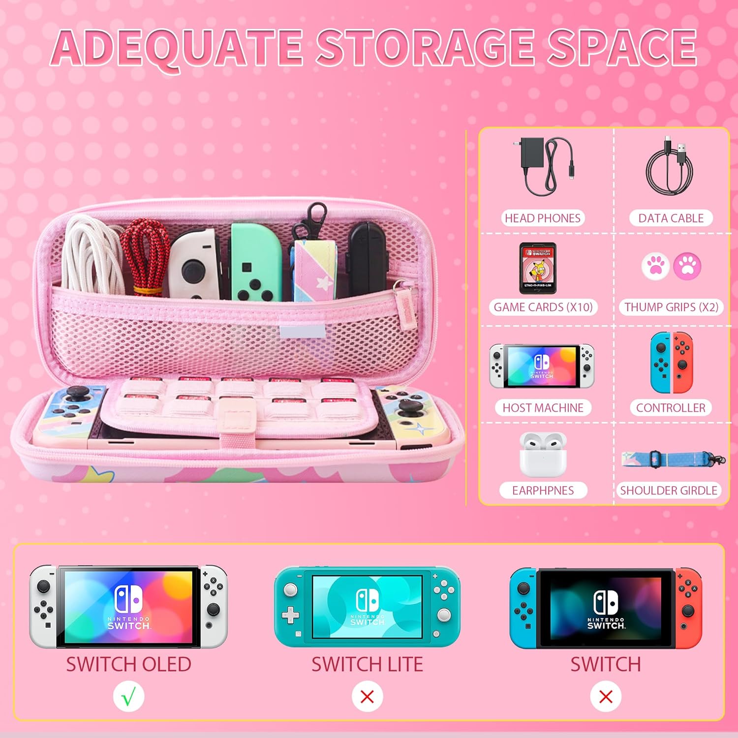 HYPERCASE Cute Anime Switch OLED Carrying Case Set, with Portable Travel Storage Bag of Pink Lining, Hardshell Protective Cover Skin, HD Screen Protector, Shoulder Strap & 2 kawaii Thumb Caps - Image 4