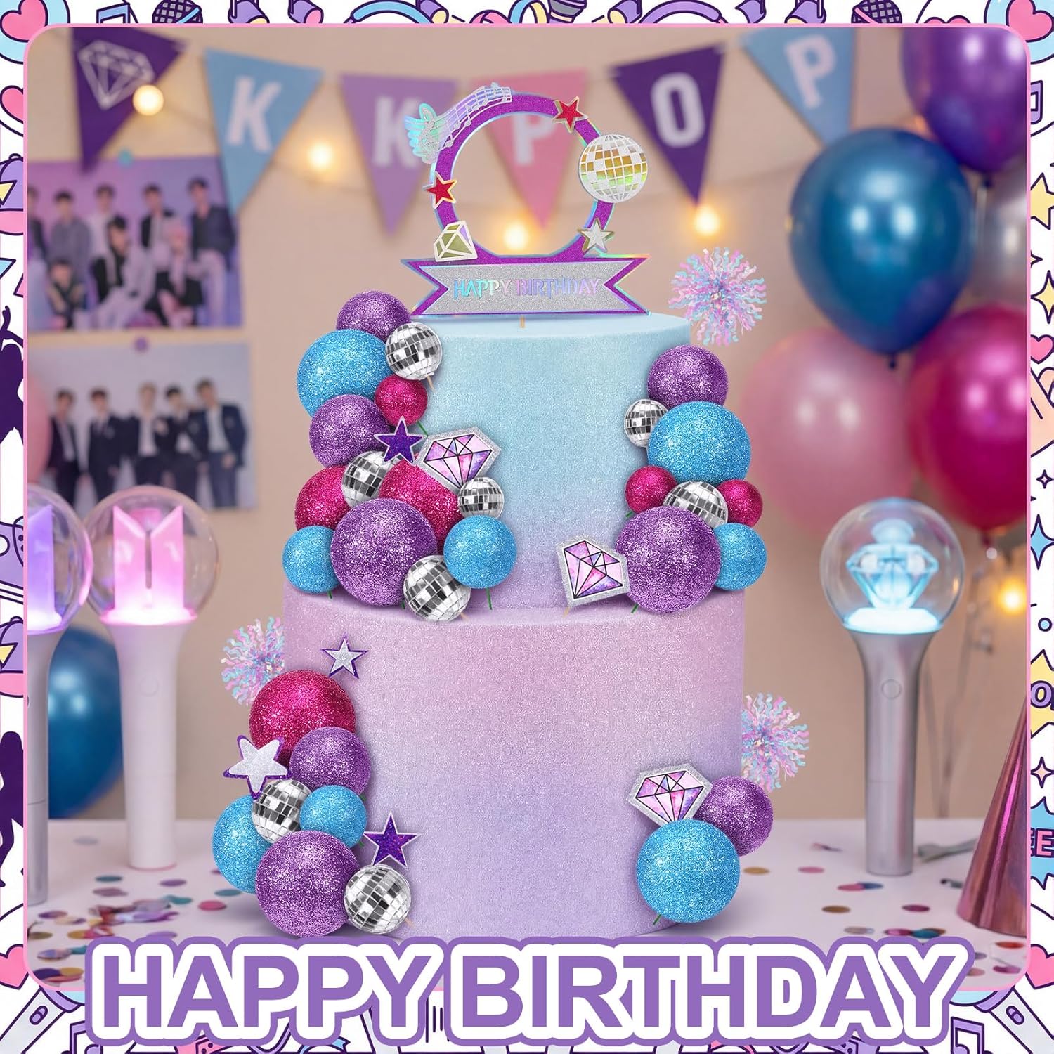 Sanwuta 77 Pcs Kpop Theme Party Cake Topper Set Disco Ball Glitter Ball Star Diamond Insert Foil Fireworks and Cake Standee for Kpop Theme Birthday Graduation Music Lover Decors