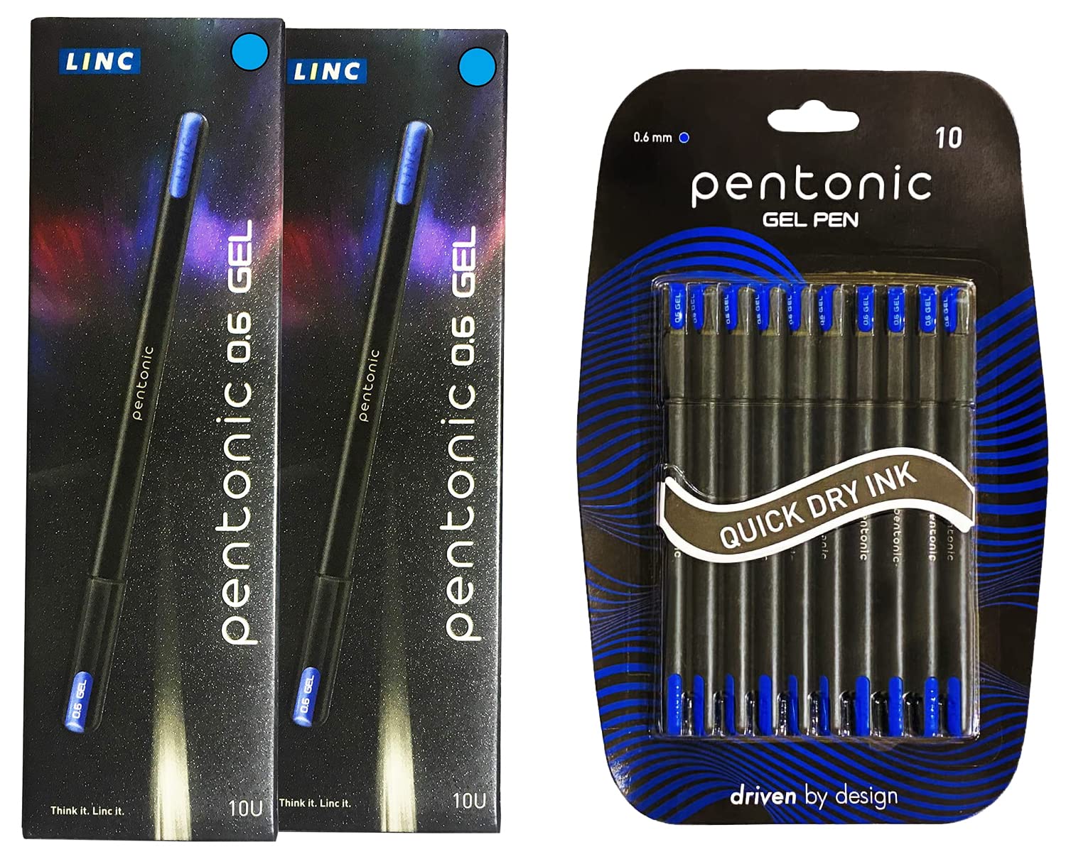 Pentonic Gel Pen (Pack of 20, Blue Ink) & LINC Gel Pen Blister Pack (0.6 mm, Blue Ink, Pack of 10)