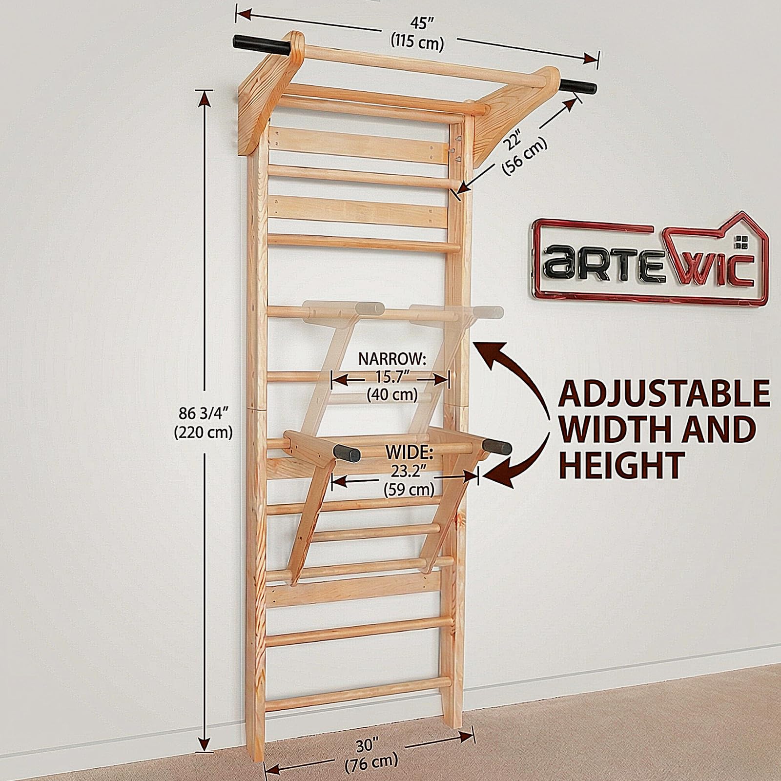Spalliera Svedese con Barra per Trazioni e Parallele per Bambini e Adulti – Parete da Arrampicata in Legno, Attrezzo Fitness Multifunzione con Impugnatura per Trazioni