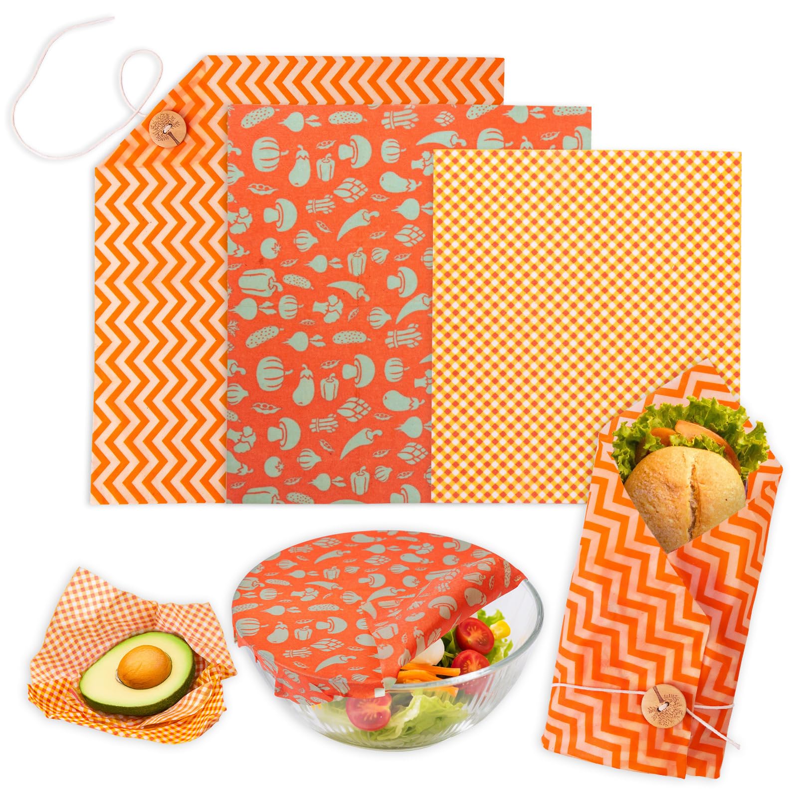 Beeswax Wraps for Food, 3 Pack (S, M, L) Reusable Food Wraps, Bread Sandwich Wrap, Beeswax Paper with Bukcle, Zero Waste, Plastic-Free Food Storage