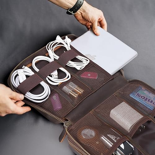 Miniatura 5 de Polare - Funda organizadora de cables de viaje de cuero de grano completo, bolsa de transporte de accesorios electrónicos de doble capa con