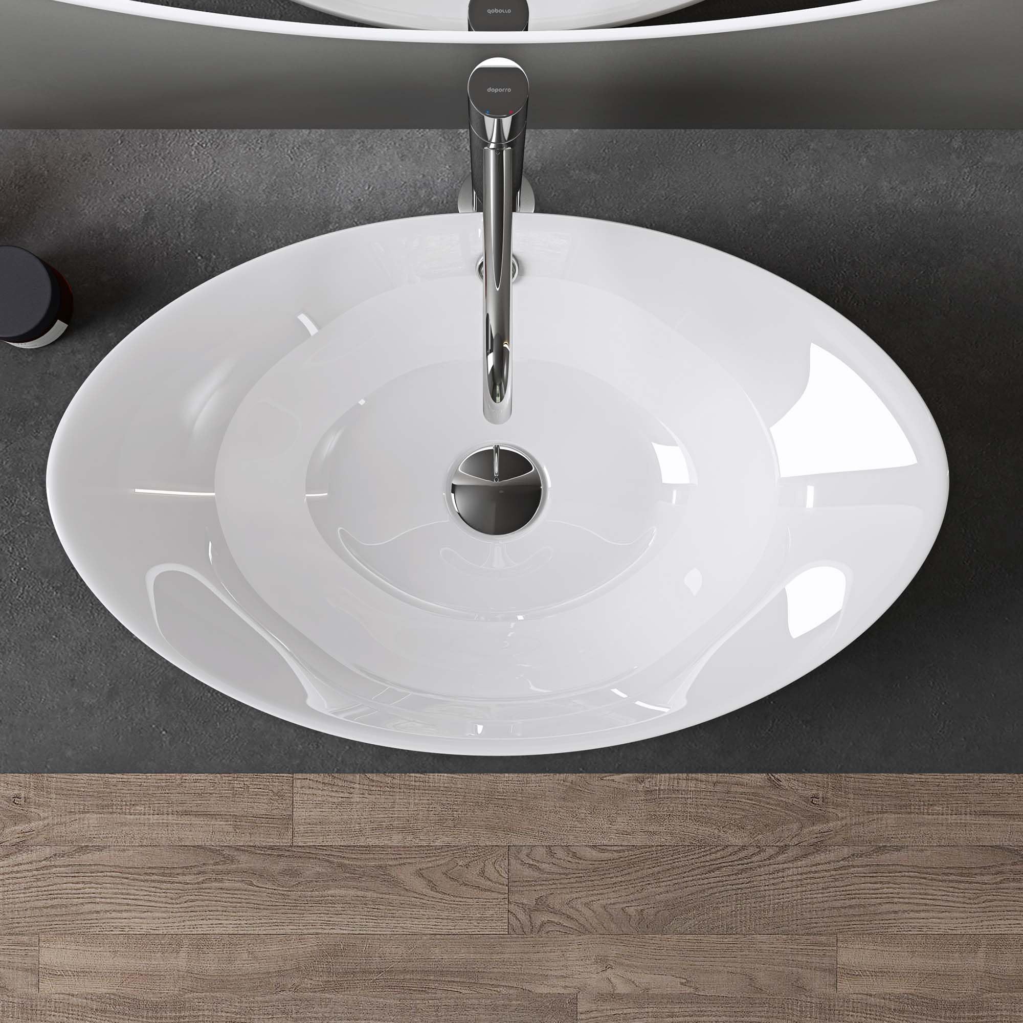doporro Lavabo Ovale da Appoggio in Ceramica Bianco Lucido 59x38,3x19,2 cm, Lavandino Bagno con Troppopieno Effetto Loto Brüssel818