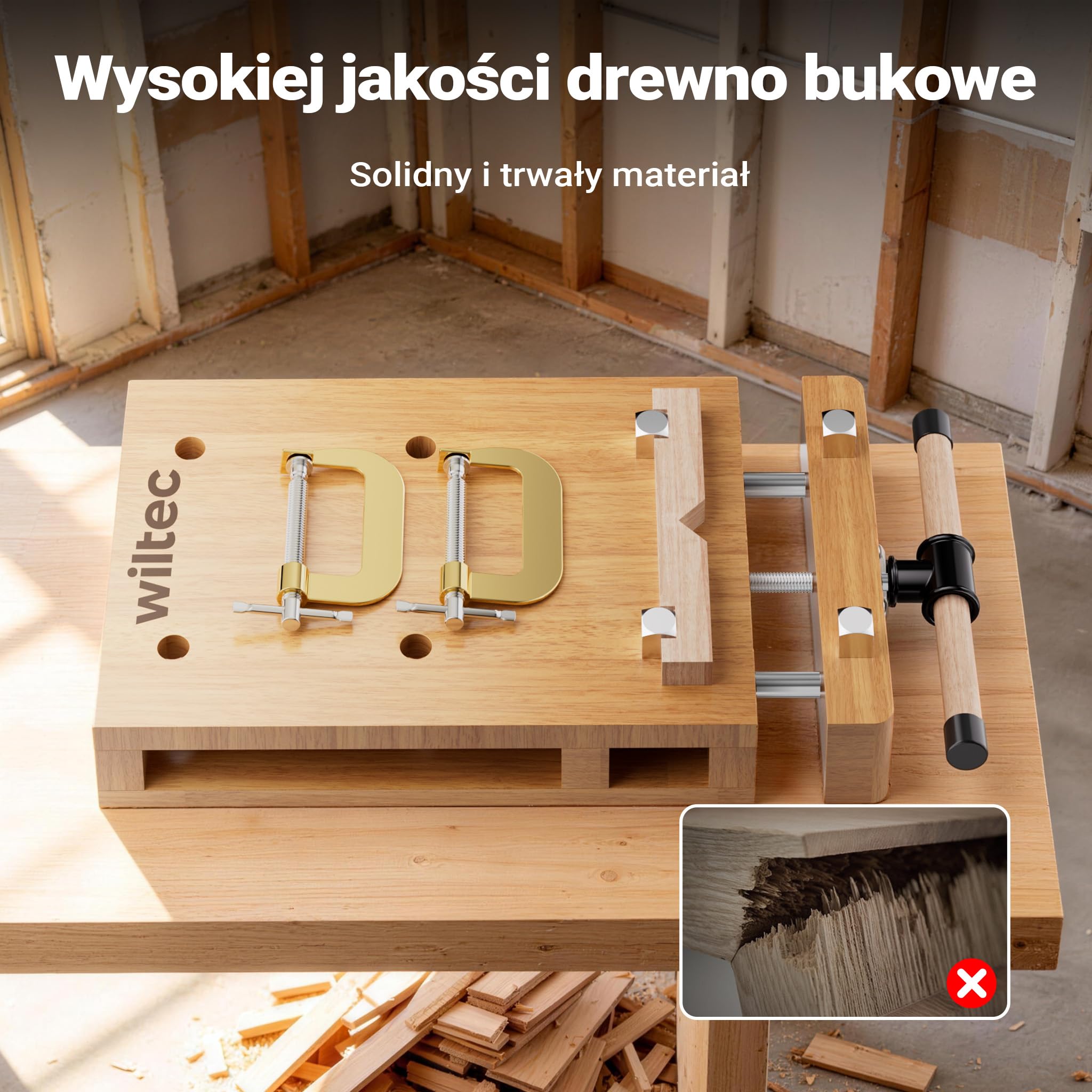Wiltec Płyta strugarska z imadłem, kompaktowe 45,5 x 28 x 7 cm, mini stół stolarski z 2 zaciskami śrubowymi do mocowania na stole, drewno bukowe
