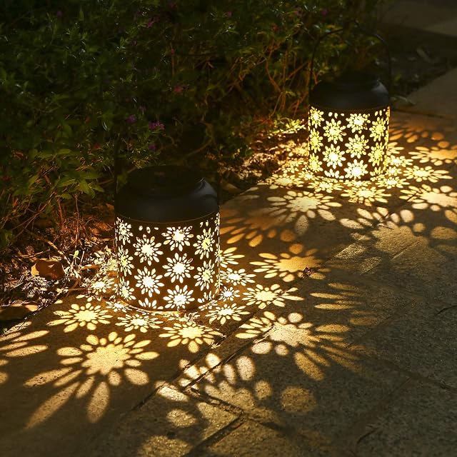 Tomshin+ 2 Pack Solar Lantern Light Outdoor Hanging Garden Lights Metal Lamp Courtyard Decorations for Patio Yard,Porch,Lawn,Art Garden Accessories