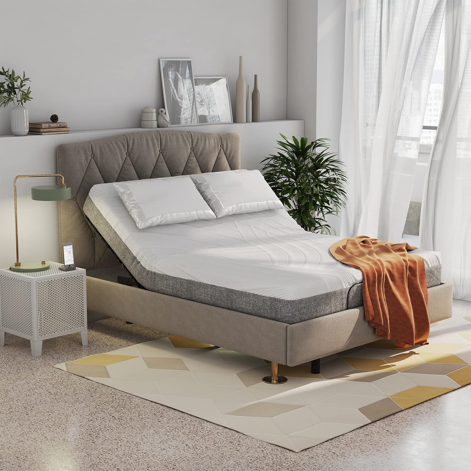 KOMFOTT Adjustable Bed Base with Remote, Electric Reclining Bed with Head & Foot Incline, LED Under-Bed Lighting and Dual USB Ports, Adjustable Bed Frame (Base Only, Queen)