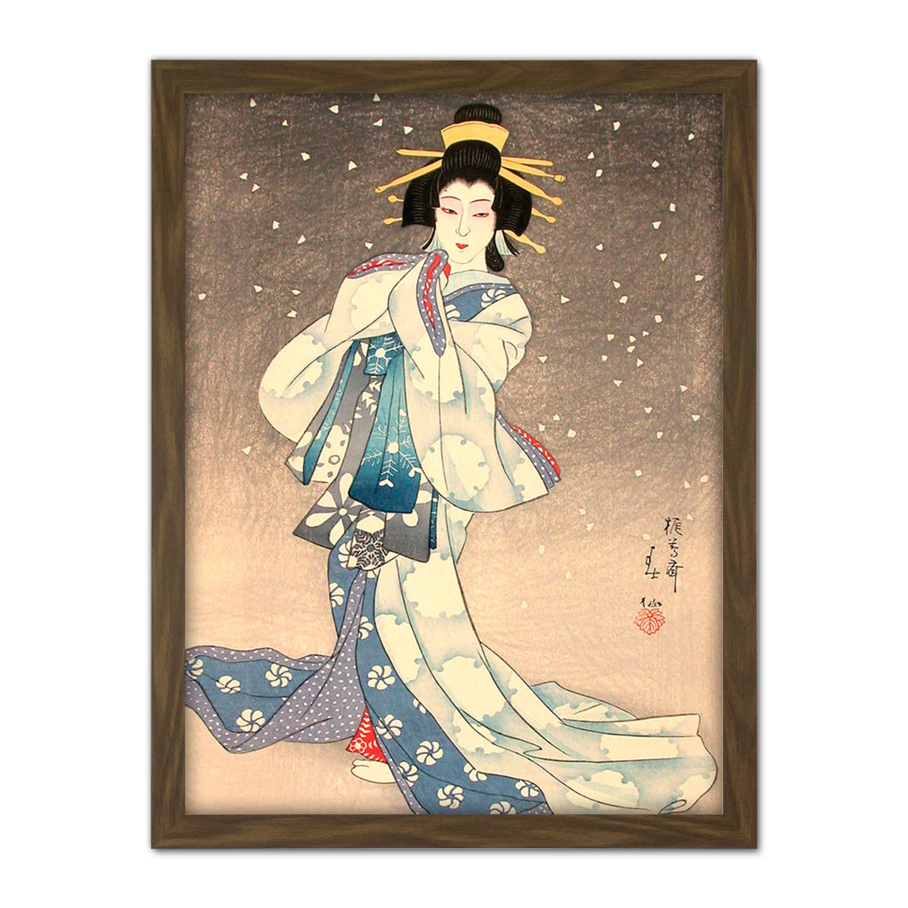 Wee Blue Coo Natori Shunsen Japanese Kabuki Theatre Geisha Artwork Framed Wall Art Print 18X24 Inch