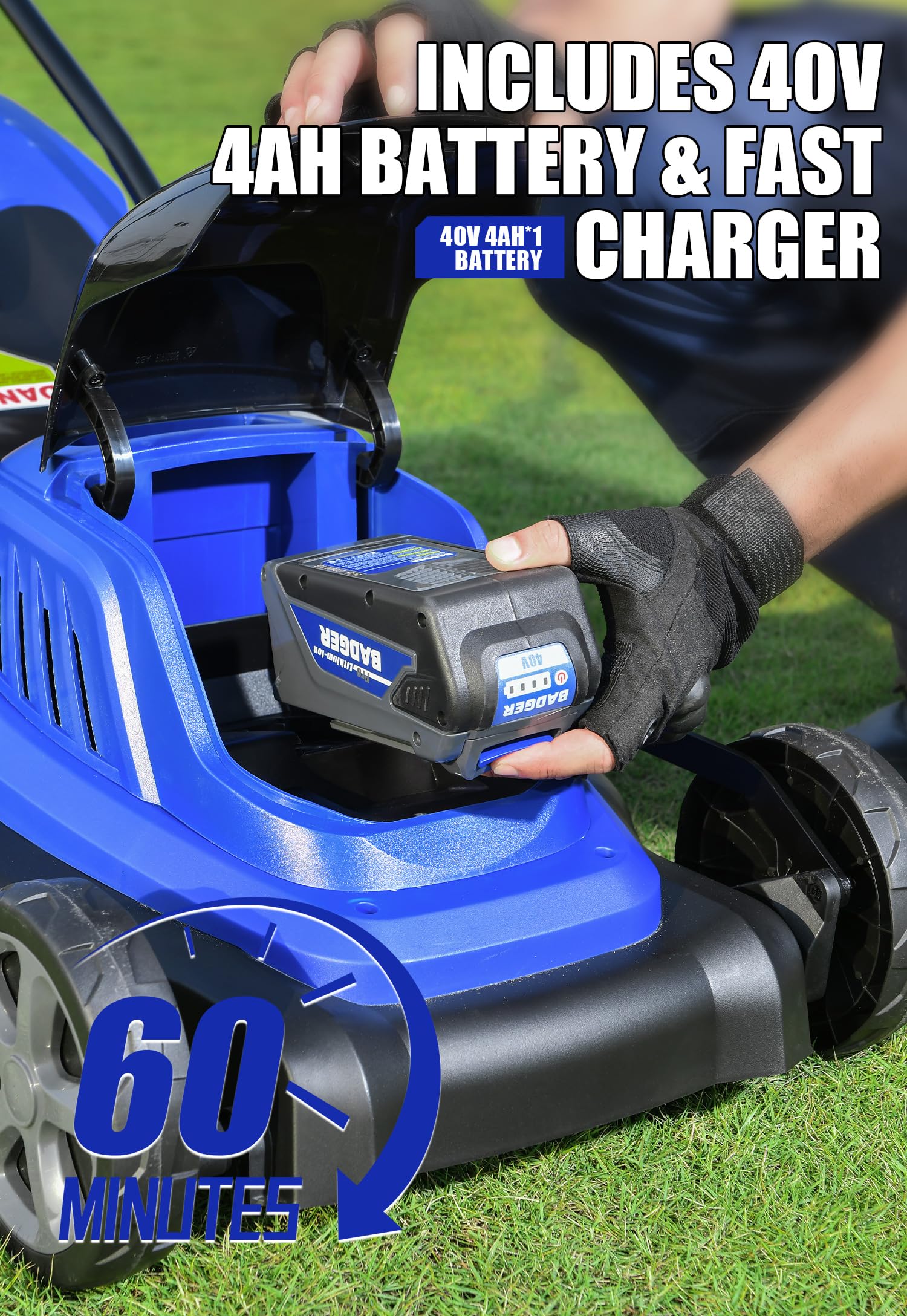 WILD BADGER POWER Tondeuse à Gazon 40 V sans balais 45,7 cm sans Fil, 5 réglages de la Hauteur de Coupe, Tondeuse à Gazon électrique, se replie Rapidement en 5 Secondes, Batterie 4,0 Ah et Super