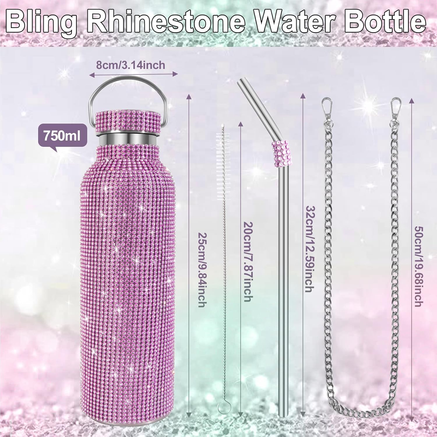 INSTOME Bling Water Bottle with Chain - 25 oz Sparkling Diamond Rhinestone Tumbler, Glittering Reusable Cup for Women Girl - Image 2