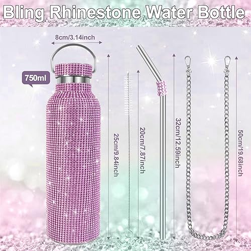 Miniatura 2 de INSTOME Botella de agua brillante con cadena, vaso de diamantes de imitación brillantes de 25 onzas, taza reutilizable con purpurina para mujeres y