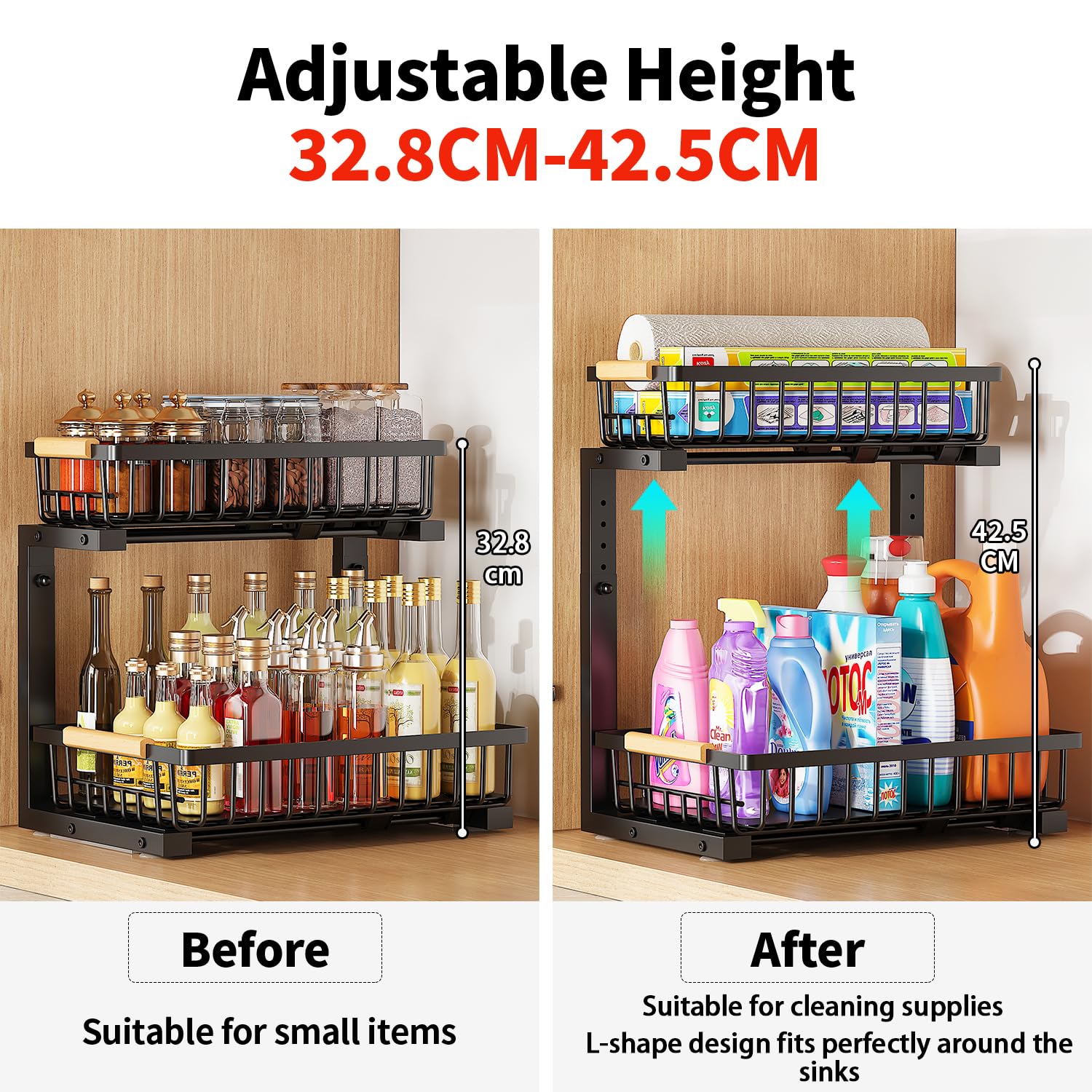 2 Etagen Unter Waschbecken Regal 42.5cm Höhenverstellbar Ausziehbares Küchen Spülschrank Organizer mit Schiebeschubladen Metall Spülenunterschrank Lagerregal Organizer für Küche, Badezimmer