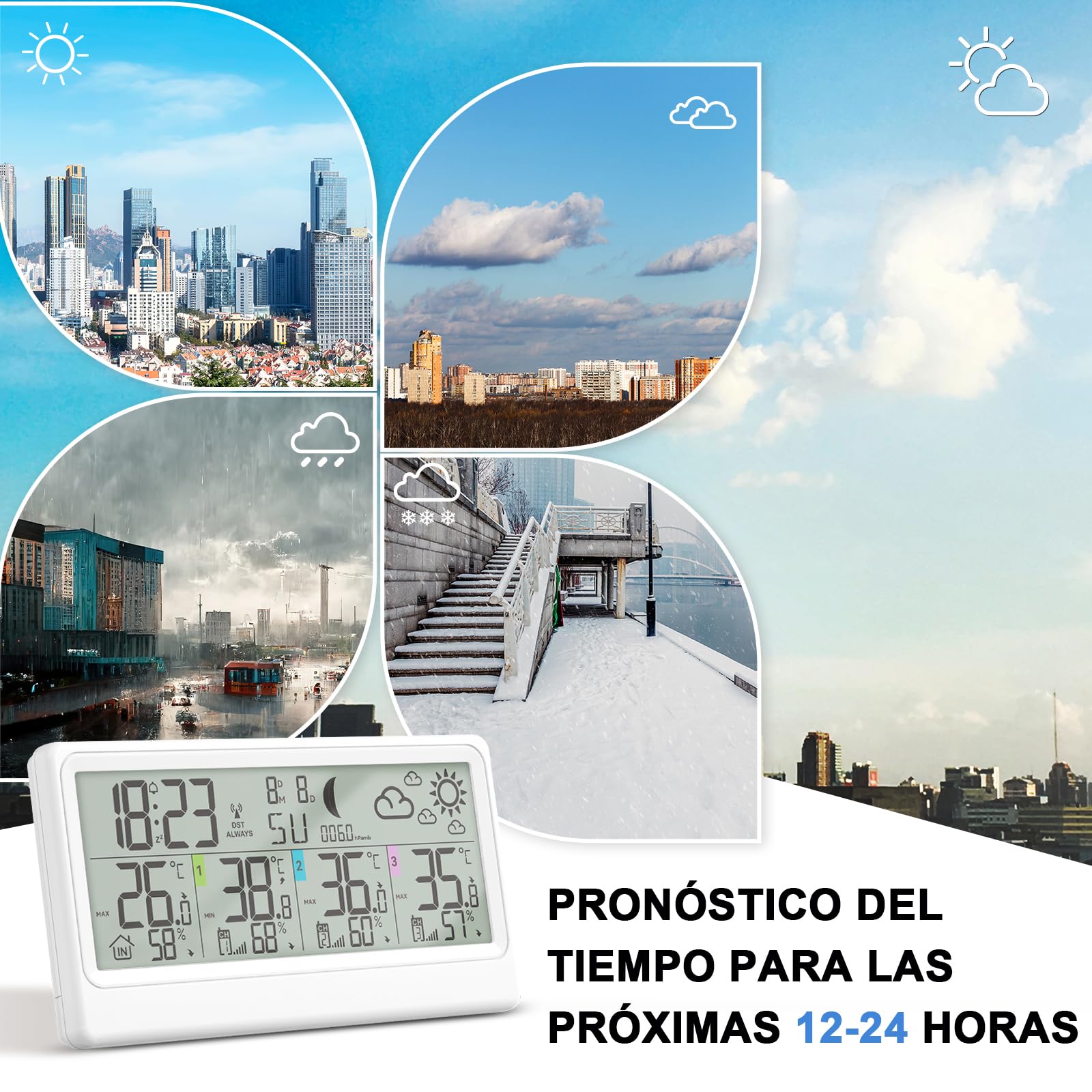 Estacion Meteorologica Inalámbrica Con 3 Sensores, Termómetro Higrómetro Barómetro Interior Exterior Pantalla LED De 8.5', Reloj Atómico Pronóstico Del Tiempo Temperatura Humedad Reloj Digital Alarma