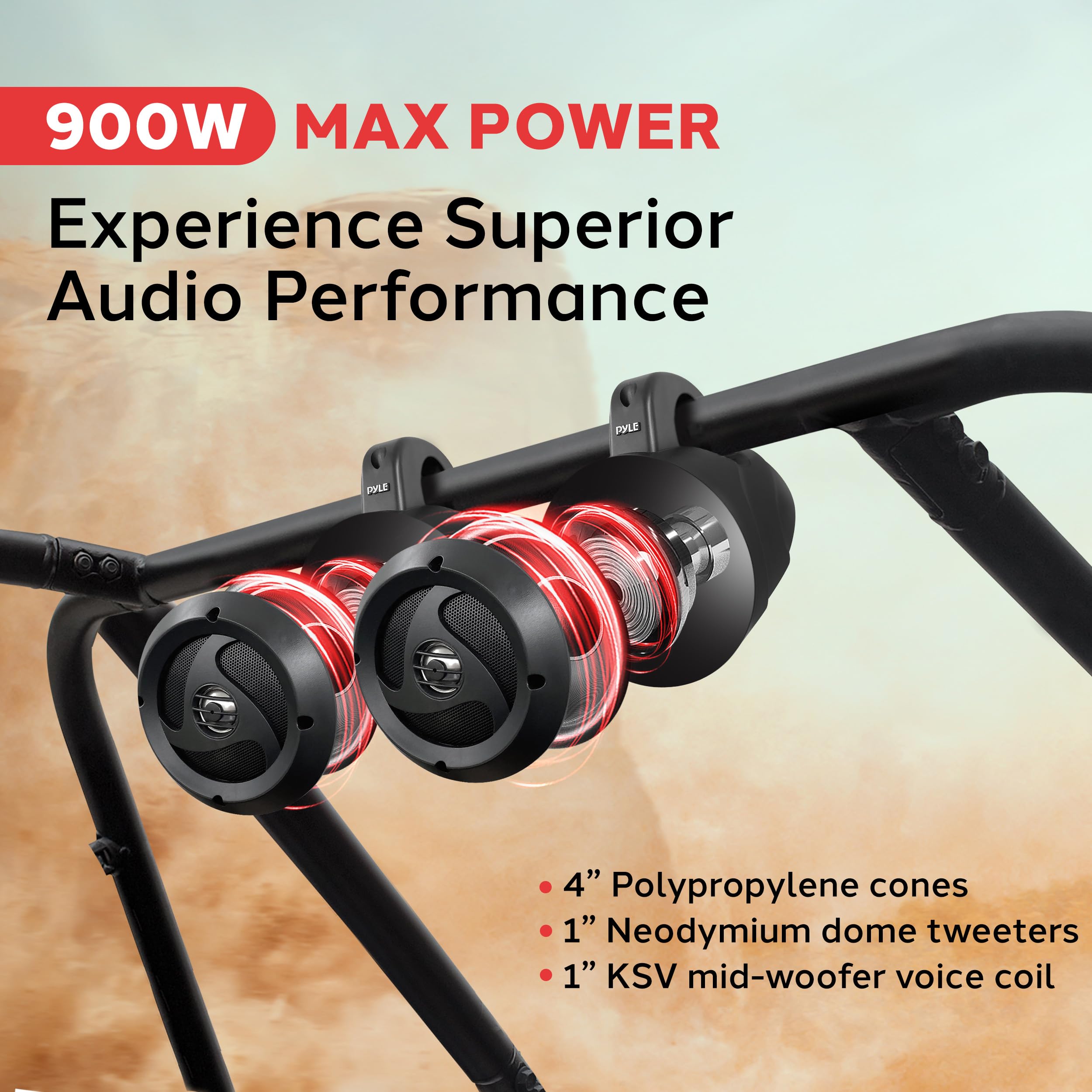 Pyle 4” Waterproof Off-Road Speakers, 900W Compact Power Sport Speaker System for ATV, UTV, 4x4, Jeep, Marine Vehicles, Weatherproof, 2-Way Full Range Stereo, Bass Boost, Roll-Bar Mount (Pair)