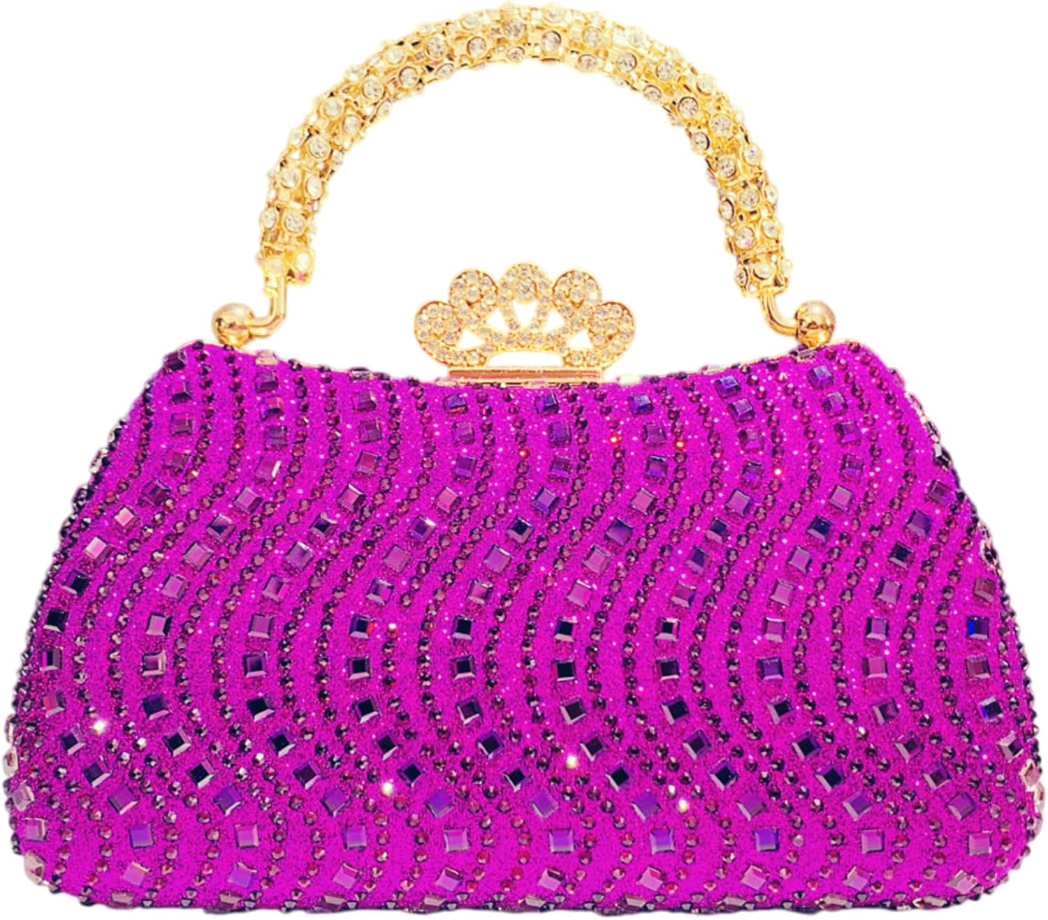 Women's Crystal Evening Rhinestone Handbag with Gold Handle Crown Claspr, Detachable Chain Formal Purse for Prom Gala for Wedding Party (Fuchsia)