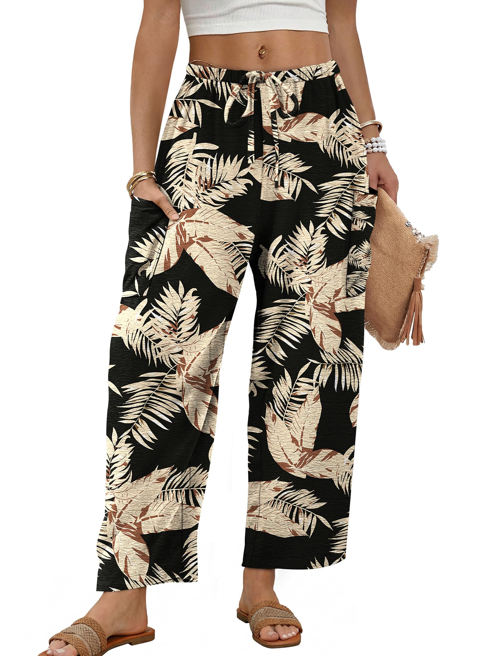 Sampeel Wide Leg Pants for Women Barrel Flowy Palazzo Elastic Waist Trousers with Pockets Summer Beach Vacation Outfits — view 16
