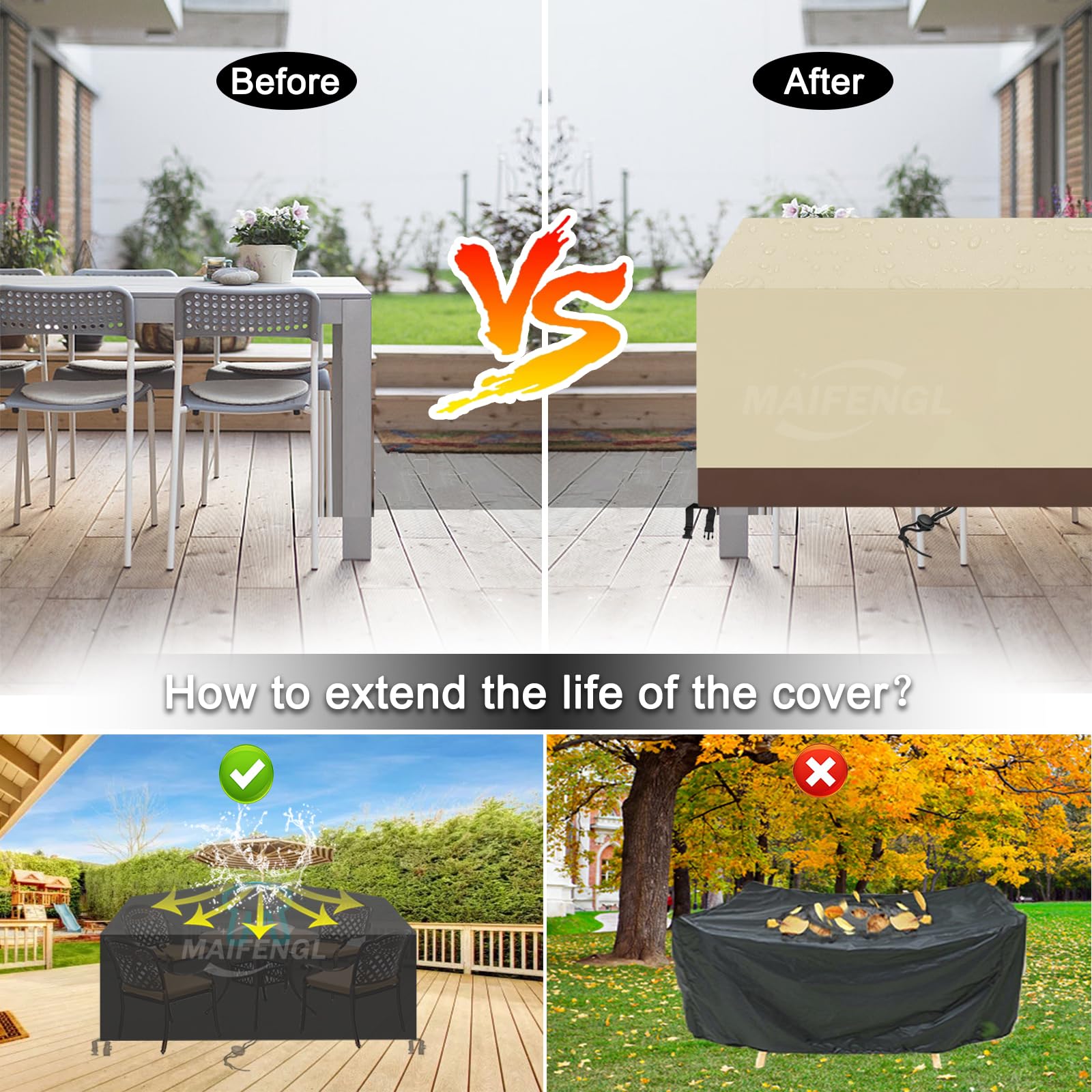 Fundas para Muebles de Jardín, Impermeable Anti-UV Cubierta Mesa Exterior 420D Oxford Rectangular Funda Protección para Muebles-BeigeBrown||160x95x75cm/63x37x30in