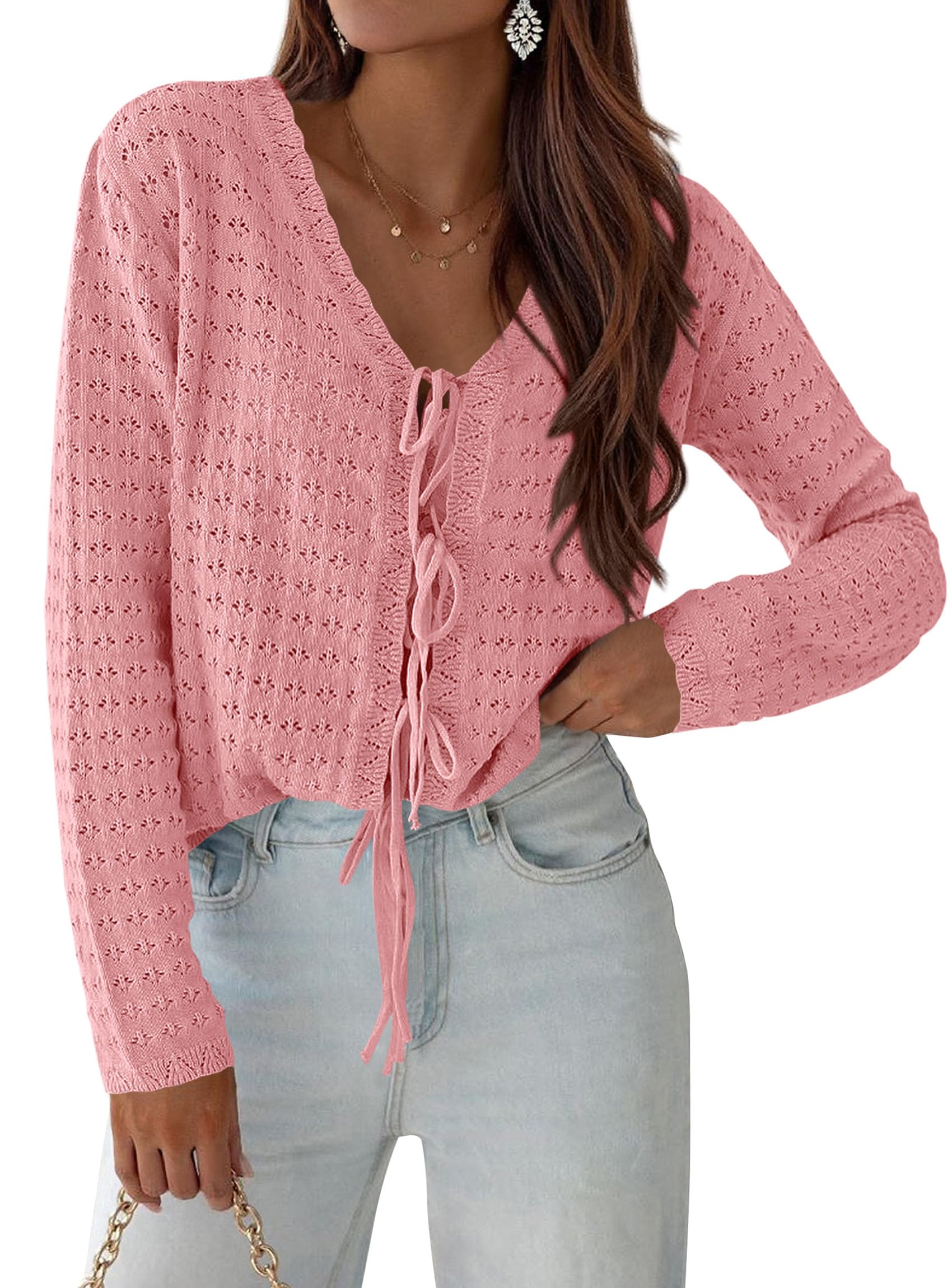 PRETTYGARDEN Crochet Cardigan Sweaters for Women Trendy Spring Summer Long Sleeve Tie Front Tops Boho Beach Vacation Clothes