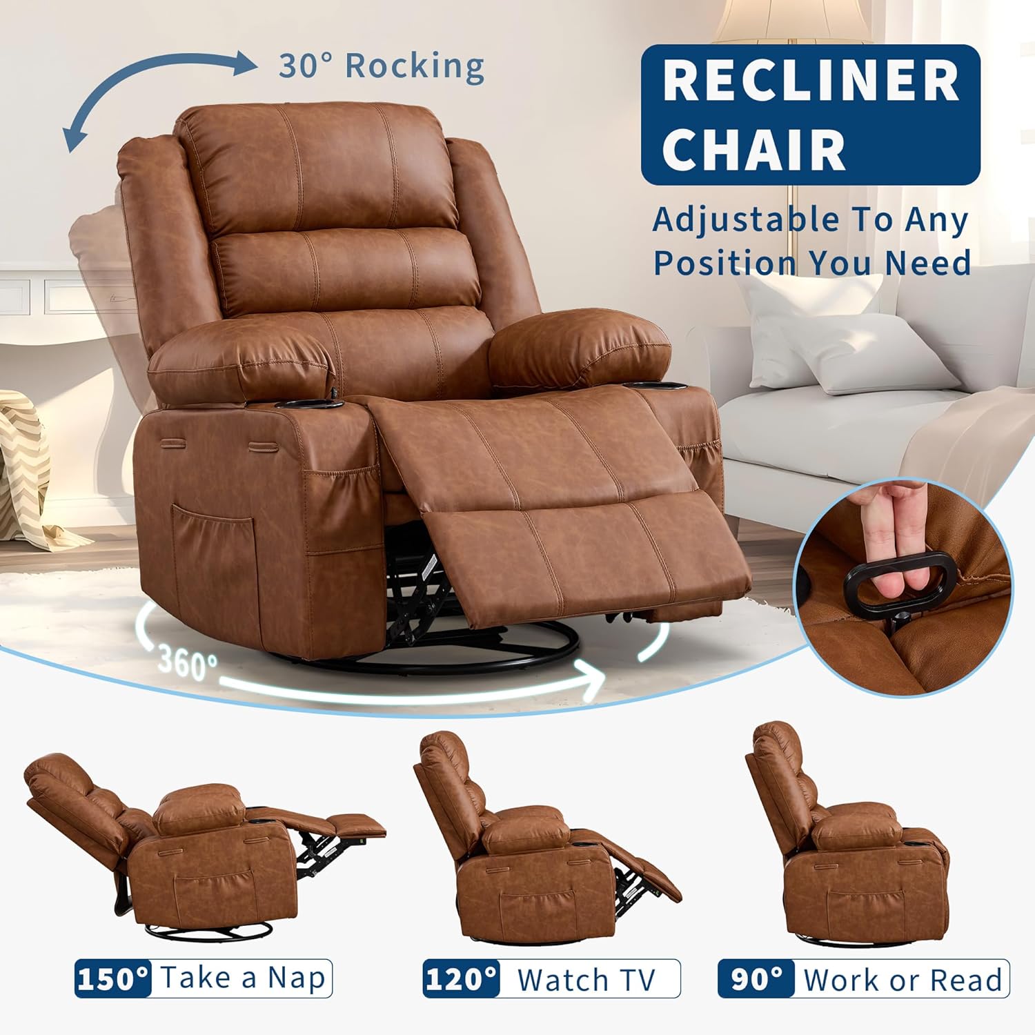 Rocking Recliner Chair for Adults PU Leather Wide 360° Swivel Rocker Recliner with Cup Holder Nursery Glider with Upholstered Deep Seat Lazy boy Chair for Living Room Brown