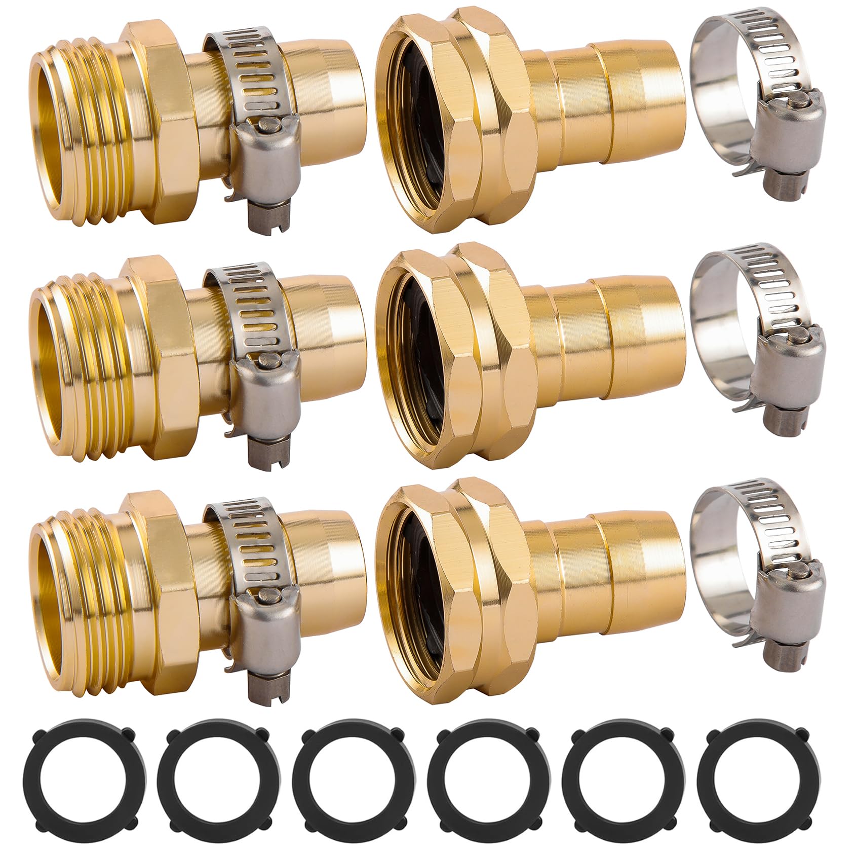 Kit de conector de reparación de manguera de jardín, apto para manguera de jardín de 0.75 o 0.63 pulgadas | Juego de 3 adaptadores de manguera macho y hembra, kit de reparación de manguera de agua con abrazaderas