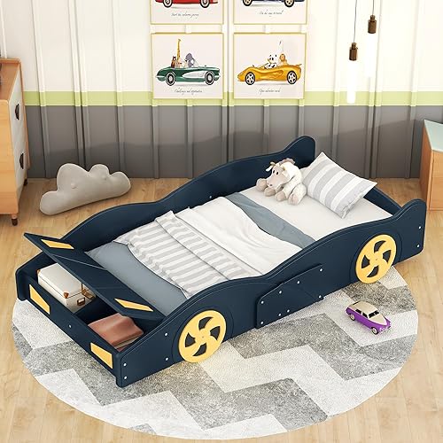 P PURLOVE Cama de plataforma con forma de auto de carreras de tamaño individual con almacenamiento para niños, marco de cama de automóvil de madera