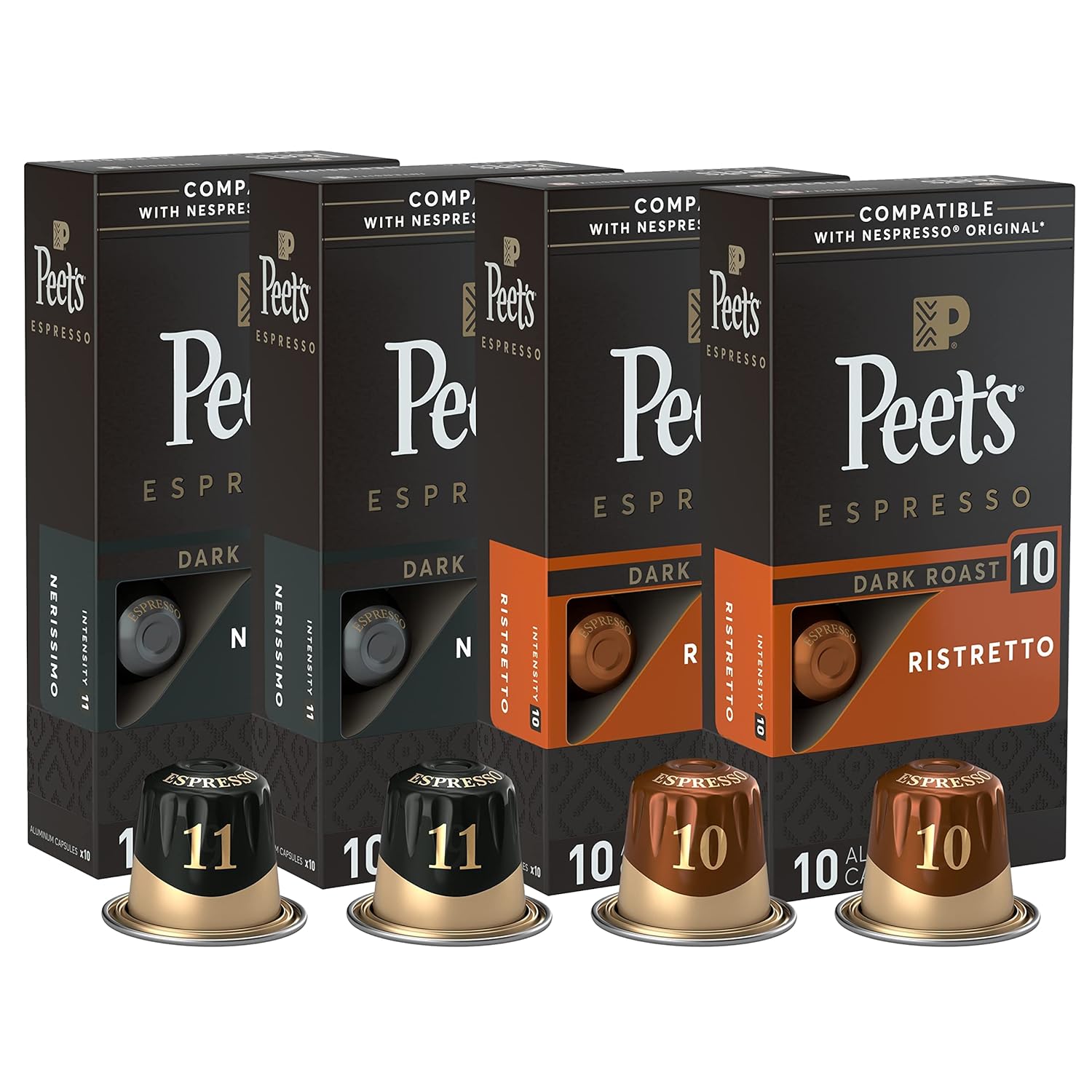 ((Best By 01/04/2025))Peet's Coffee, Dark Roast Espresso Capsules Variety Pack, Intensity 10-11, 40 Count (4 Boxes of 10 Espresso Pods) Dark Roast Variety Pack 40 Count (Pack of 1)
