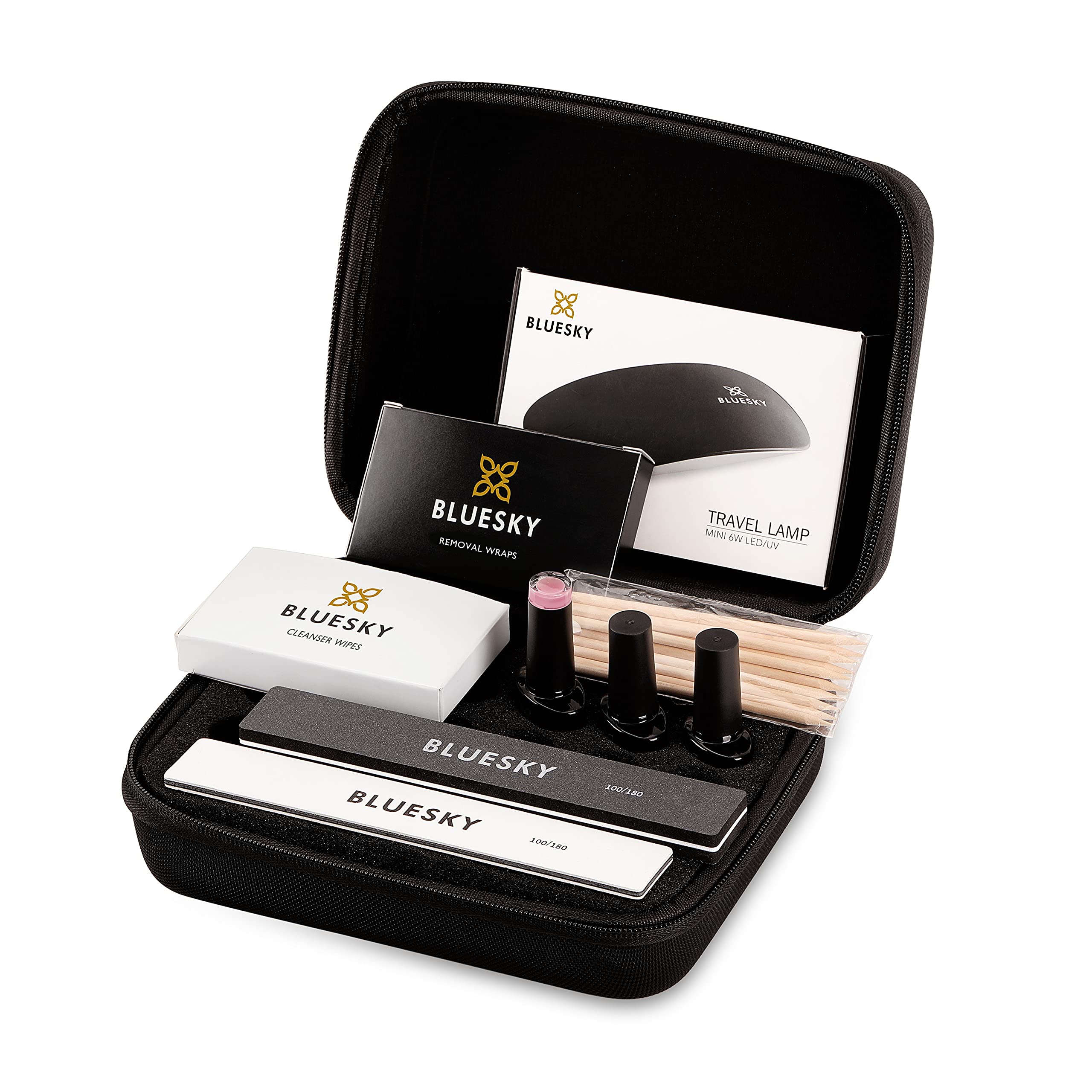 Bluesky Essentials - Kit per unghie in gel con organizer/custodia, mini lampada per unghie, base e top coat, smalto gel rosa muschio, lima e tampone, bastoncini per cuticole, salviette detergenti,