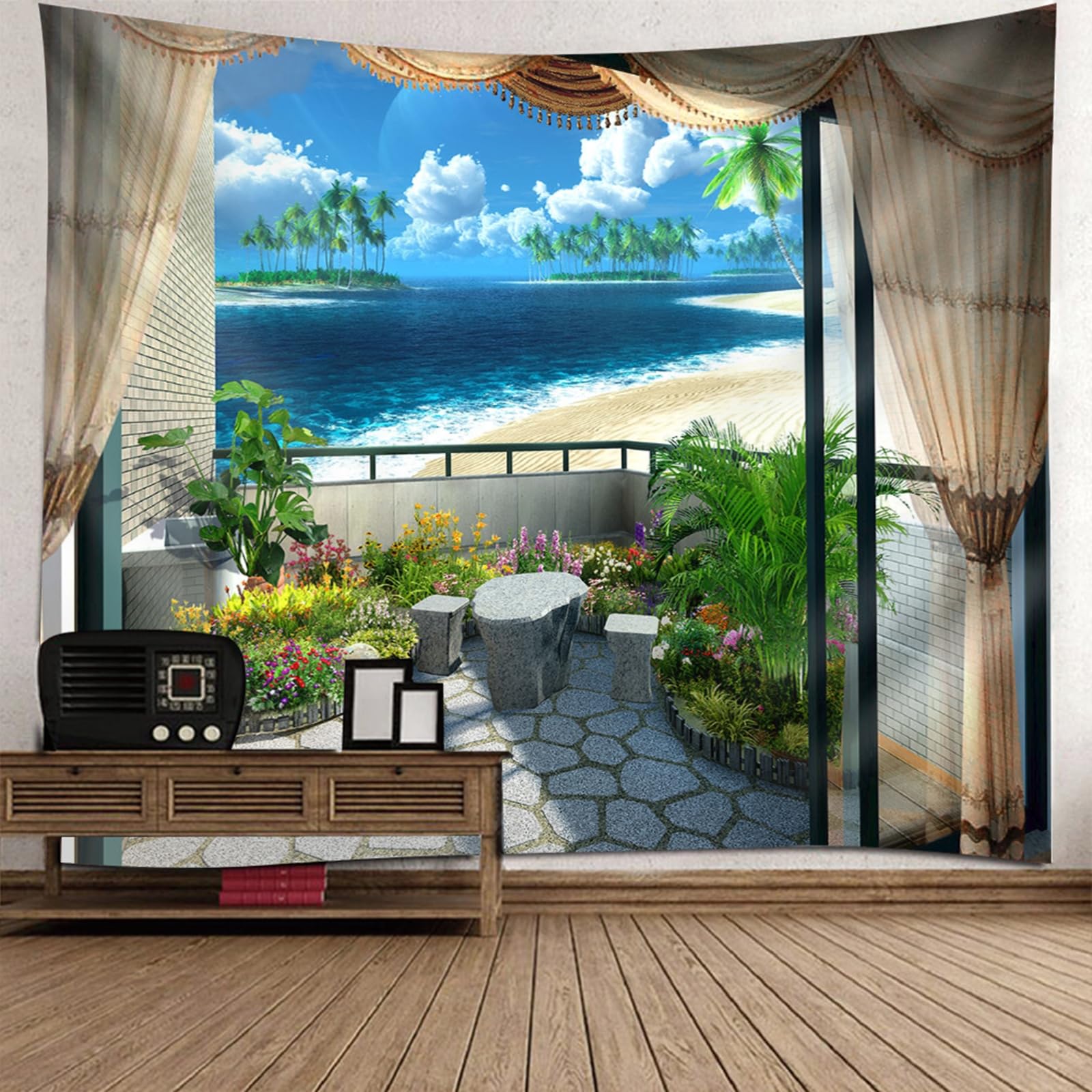 Tenture murale vue du balcon pour masquer un mur abîmé