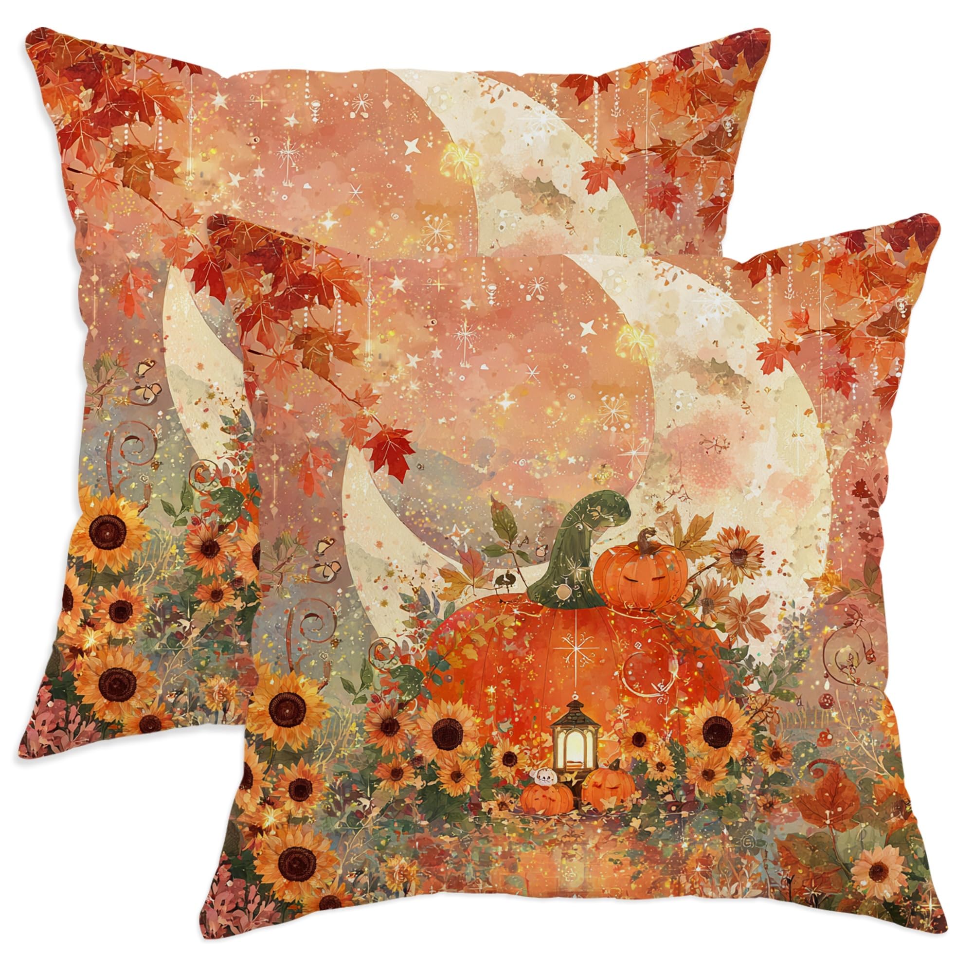 Autumn Throw Pillow Covers Set of 2, Pumpkin and Sunflower Decorative Cushion Cases, Fall Harvest Home Decor for Sofa Bed Couch 16x16 Inch