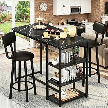 Recaceik Pub Dining Table Set for 2, Table and Bar Stools with 3 Storage Shelves, MDF Board & PU Leather Backrest Chairs, 3 Piece Dining Set for Small Space, Apartment, Kitchen Island, Black