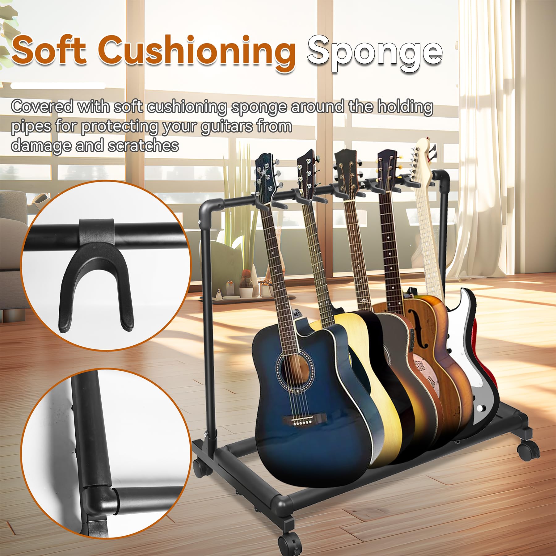 AZOR 5 Multi Gitarrenständer Rack mit Rollen, faltbarer Gitarrenhalter | Passend für akustische E-Gitarren, Bass, weicher gepolsterter Schwamm schützt Instrumente