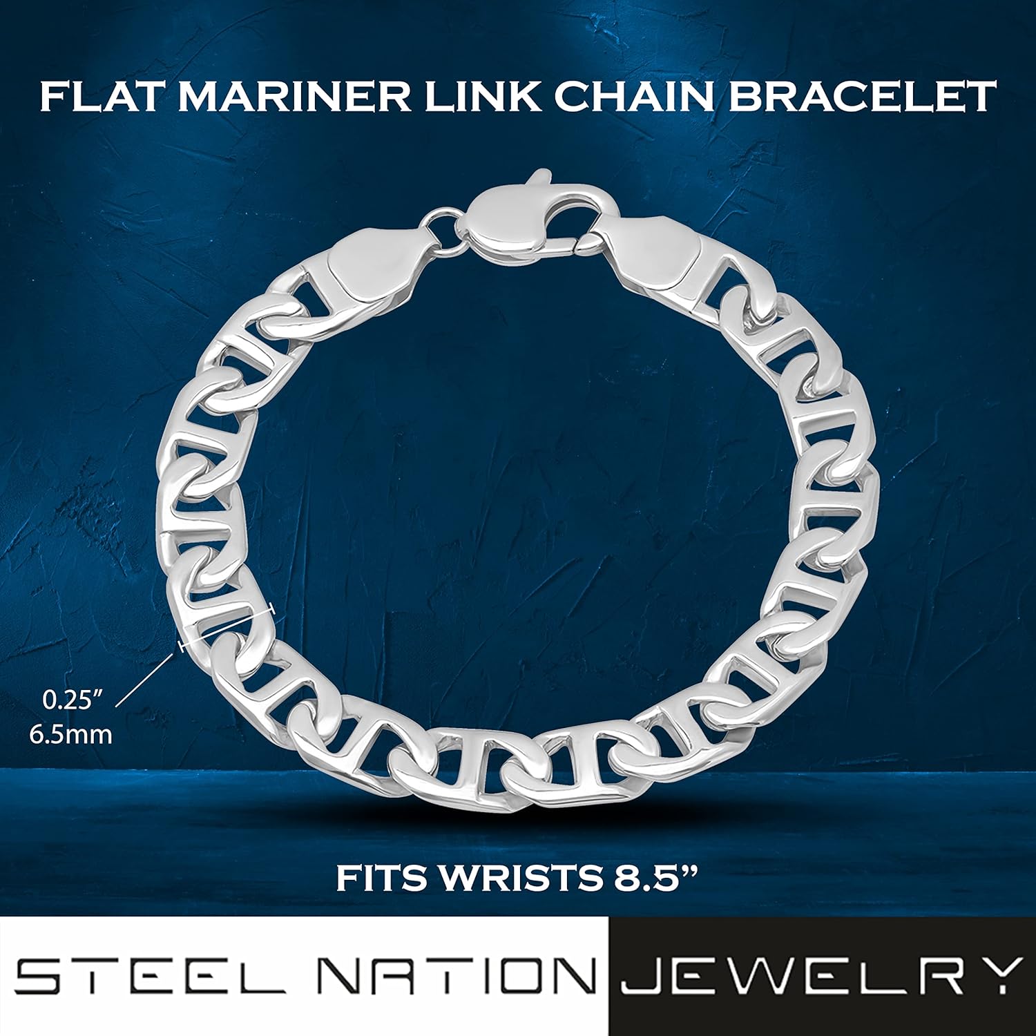 Men's Stainless Steel 6.5mm Flat Mariner Link Chain 8.5" Bracelet - Lobster Claw - Image 3